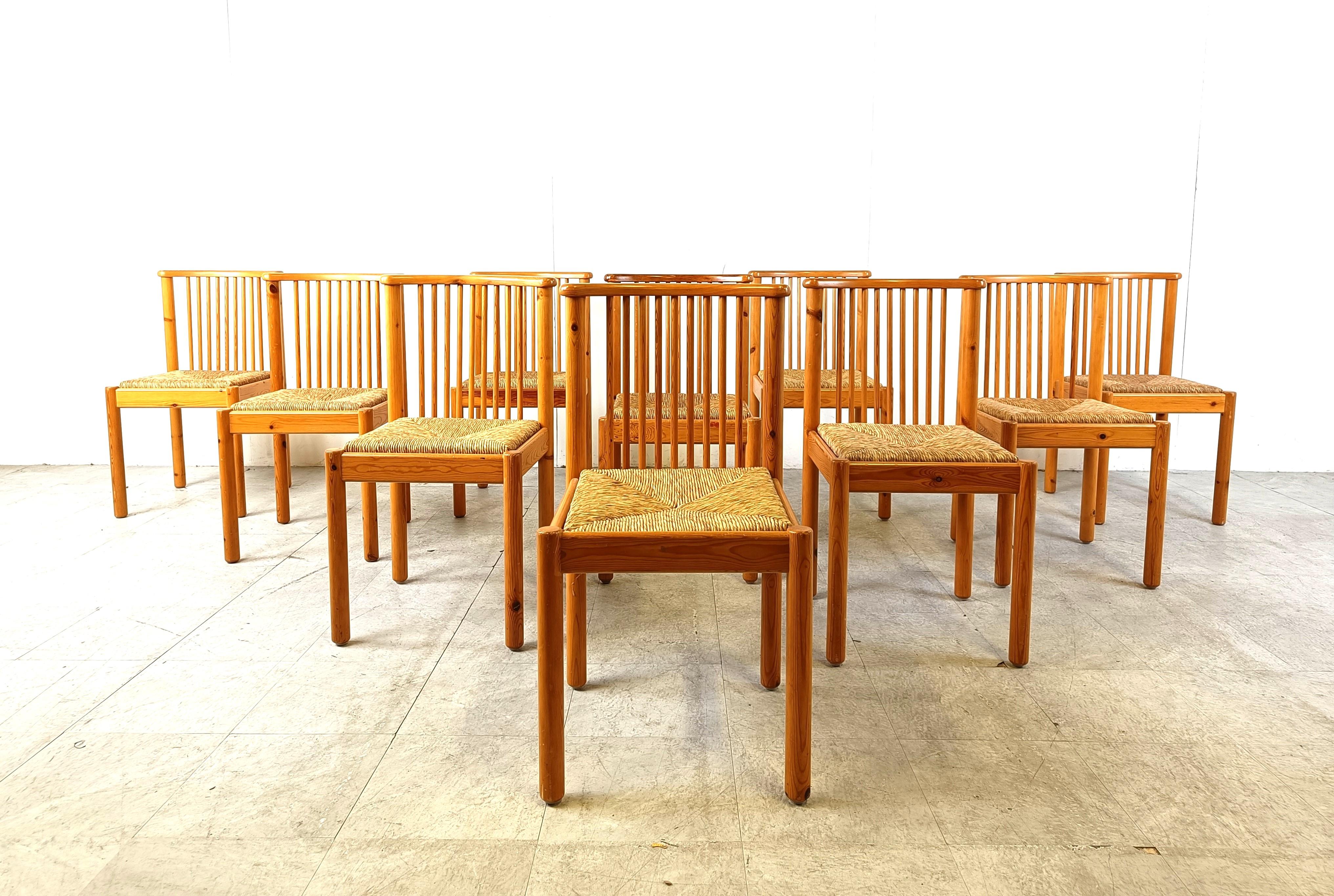 Scandinavian pine wood and wicker dining chairs, set of 10, 1970s In Good Condition For Sale In HEVERLEE, BE