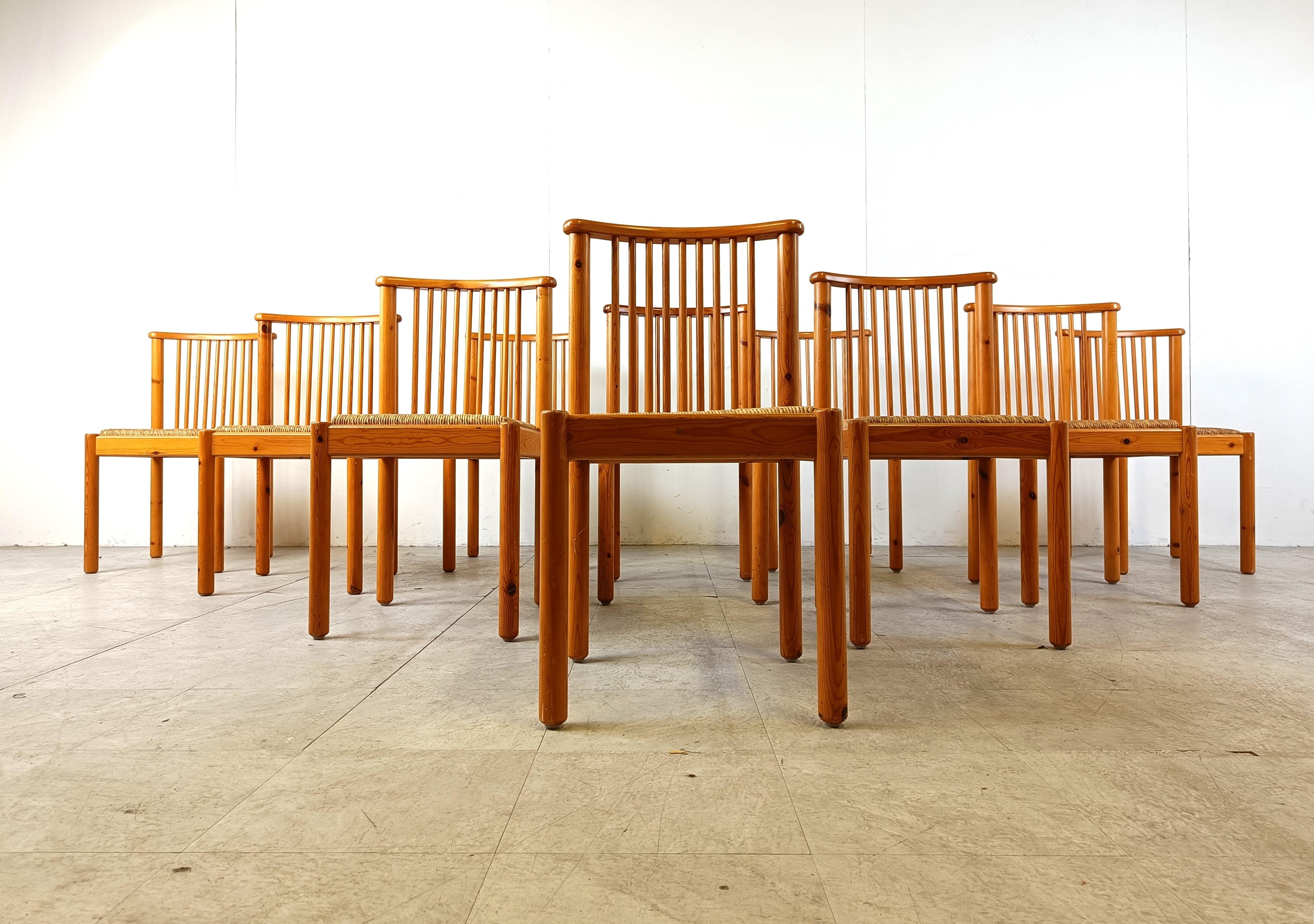 Late 20th Century Scandinavian pine wood and wicker dining chairs, set of 10, 1970s For Sale