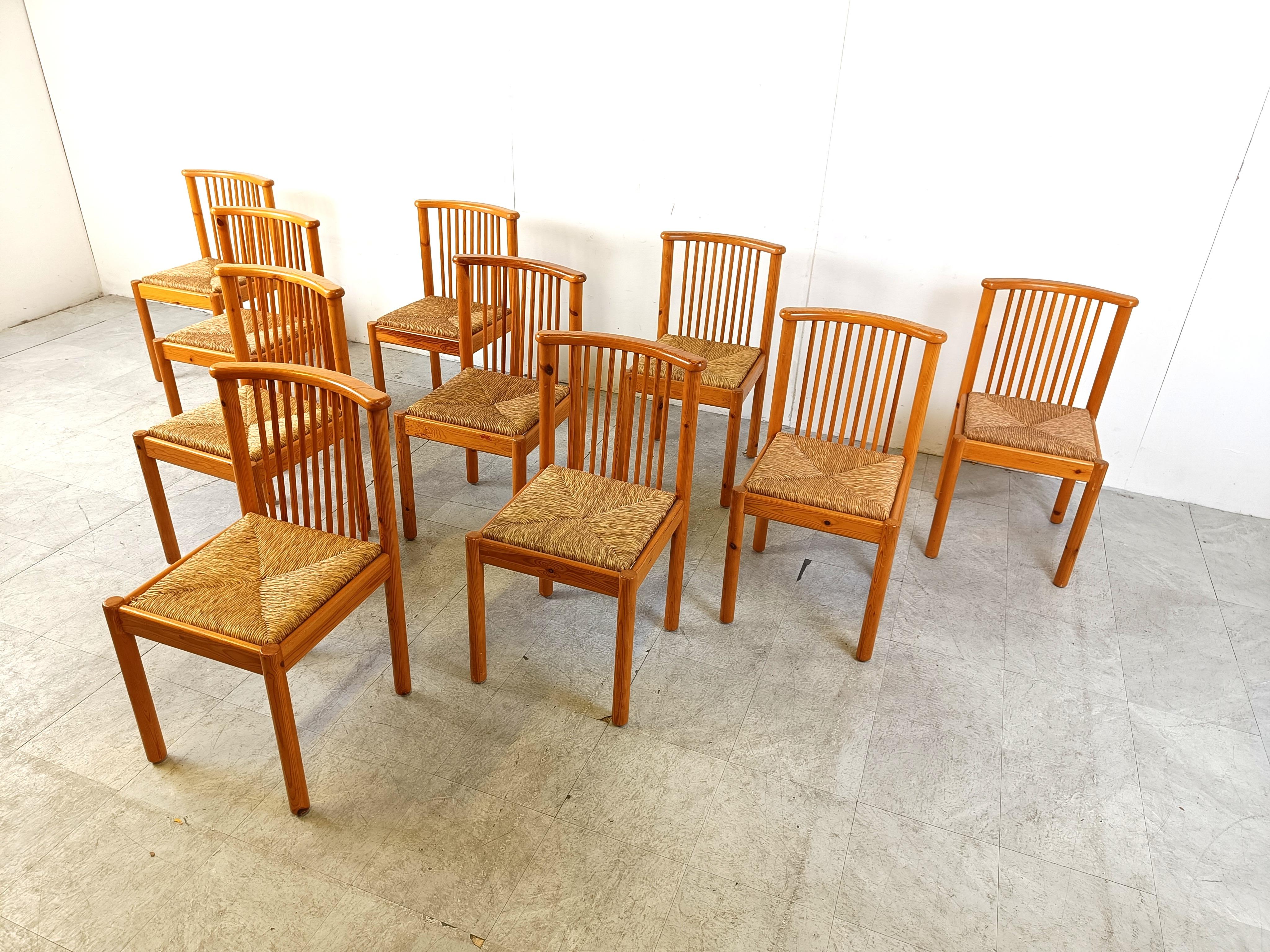 Wicker Scandinavian pine wood and wicker dining chairs, set of 10, 1970s For Sale