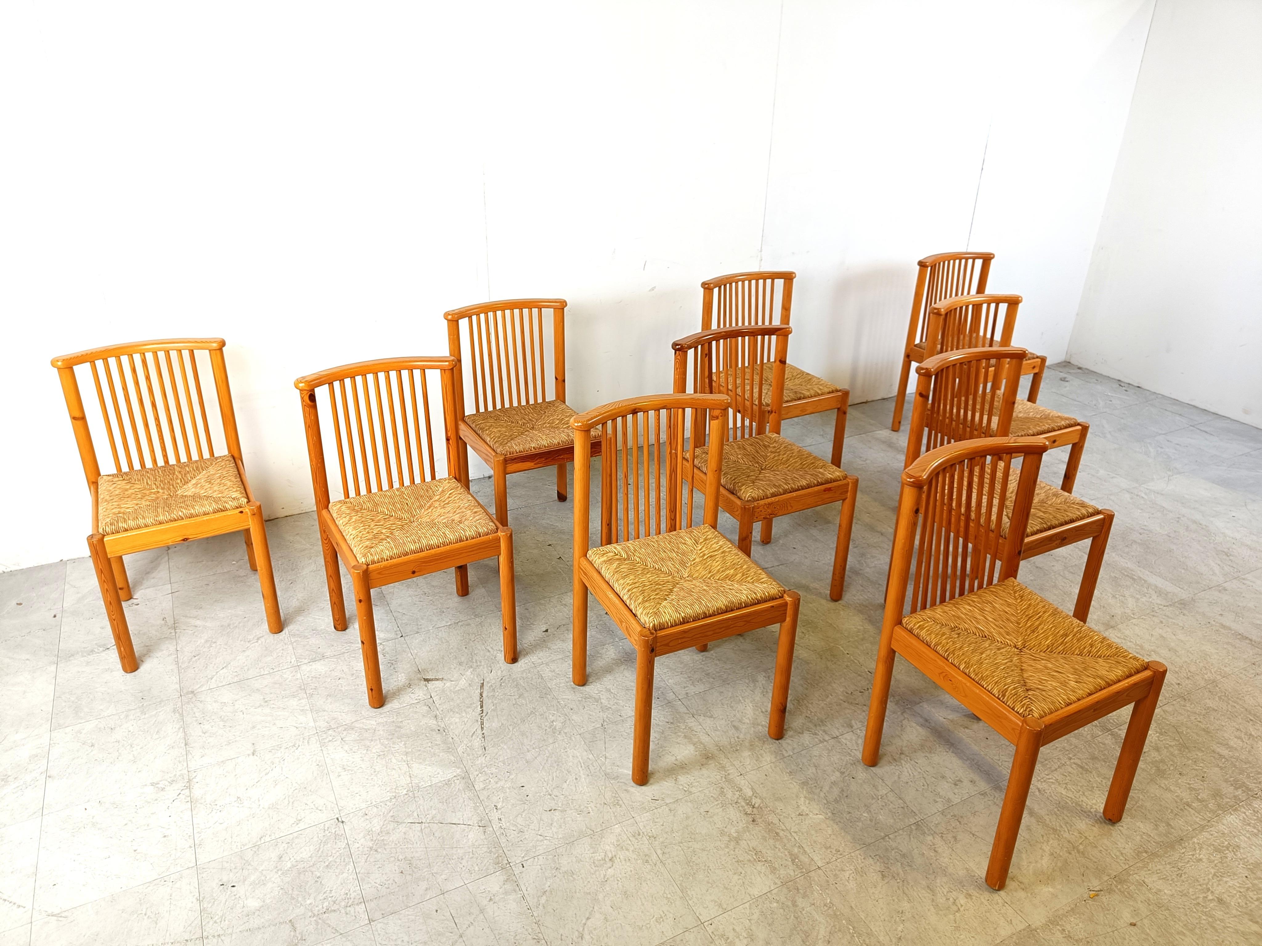 Scandinavian pine wood and wicker dining chairs, set of 10, 1970s For Sale 1