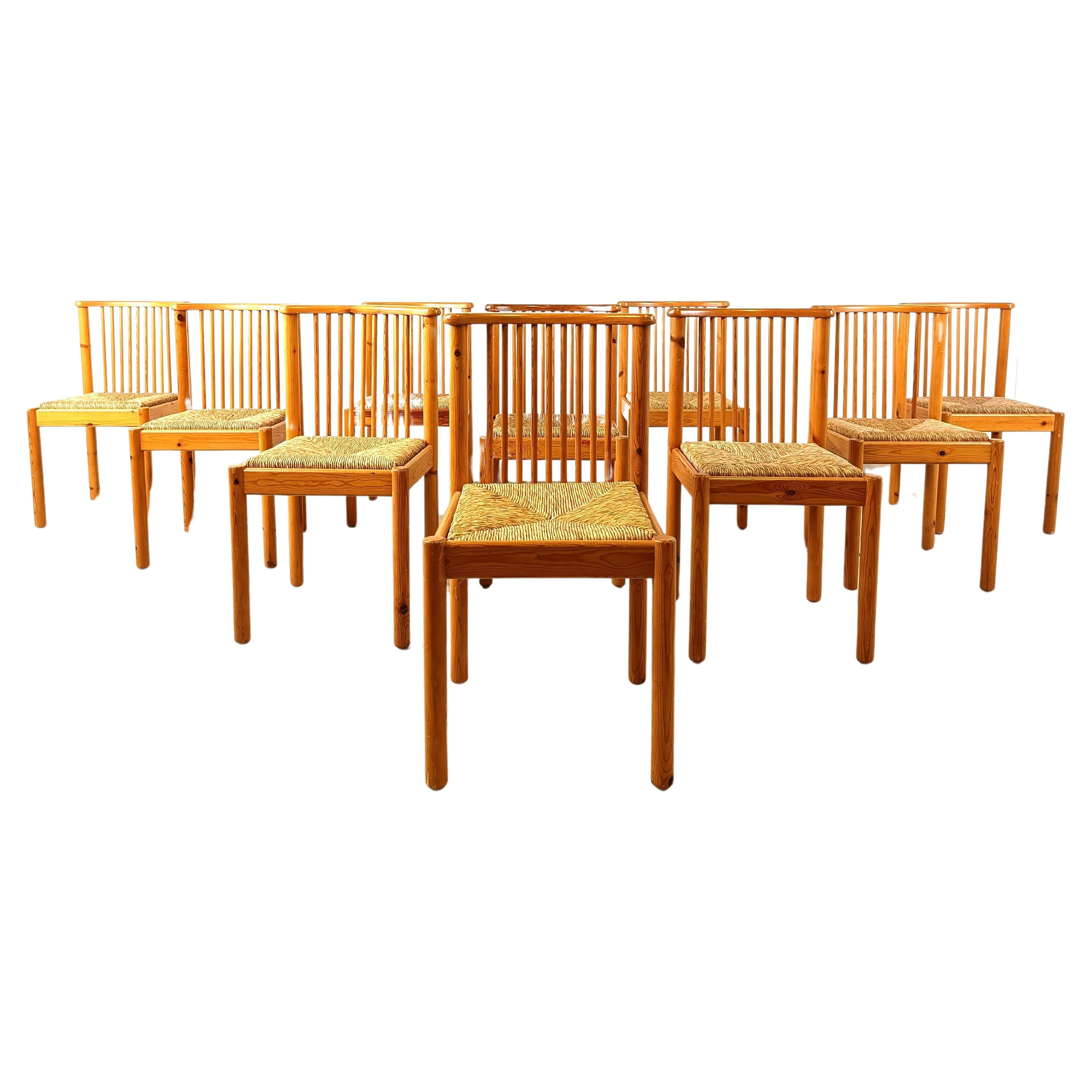 Scandinavian pine wood and wicker dining chairs, set of 10, 1970s For Sale