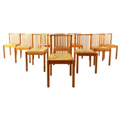Vintage Scandinavian pine wood and wicker dining chairs, set of 10, 1970s