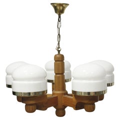 Used Scandinavian Pinewood & opal glass chandelier by Jan Wickelgren & Aneta Sweden