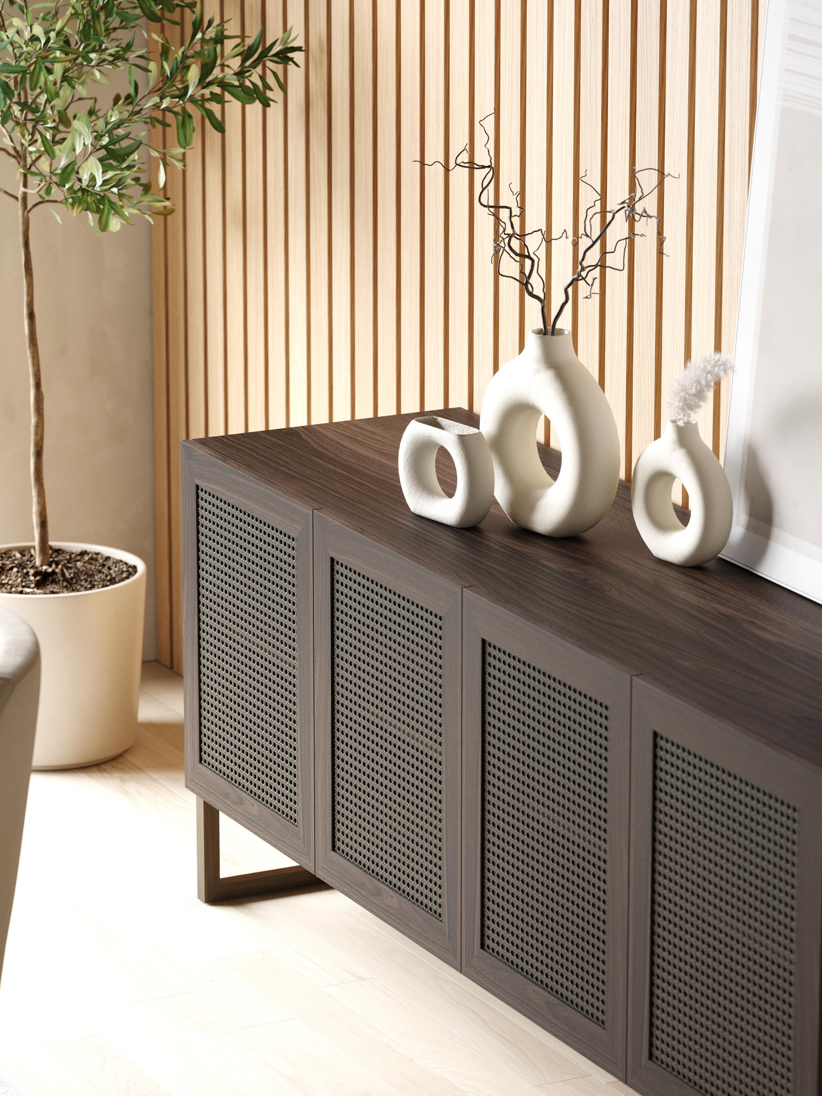 Portuguese Scandinavian Porto Sideboard Made with Walnut, Iron and Rattan by Stylish Club For Sale