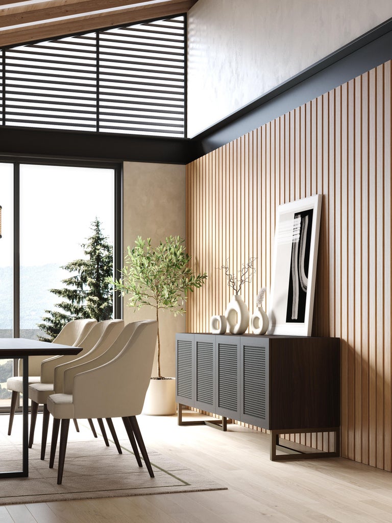 View of Scandinavian Porto Sideboard Made with Walnut, Iron and Rattan by ...