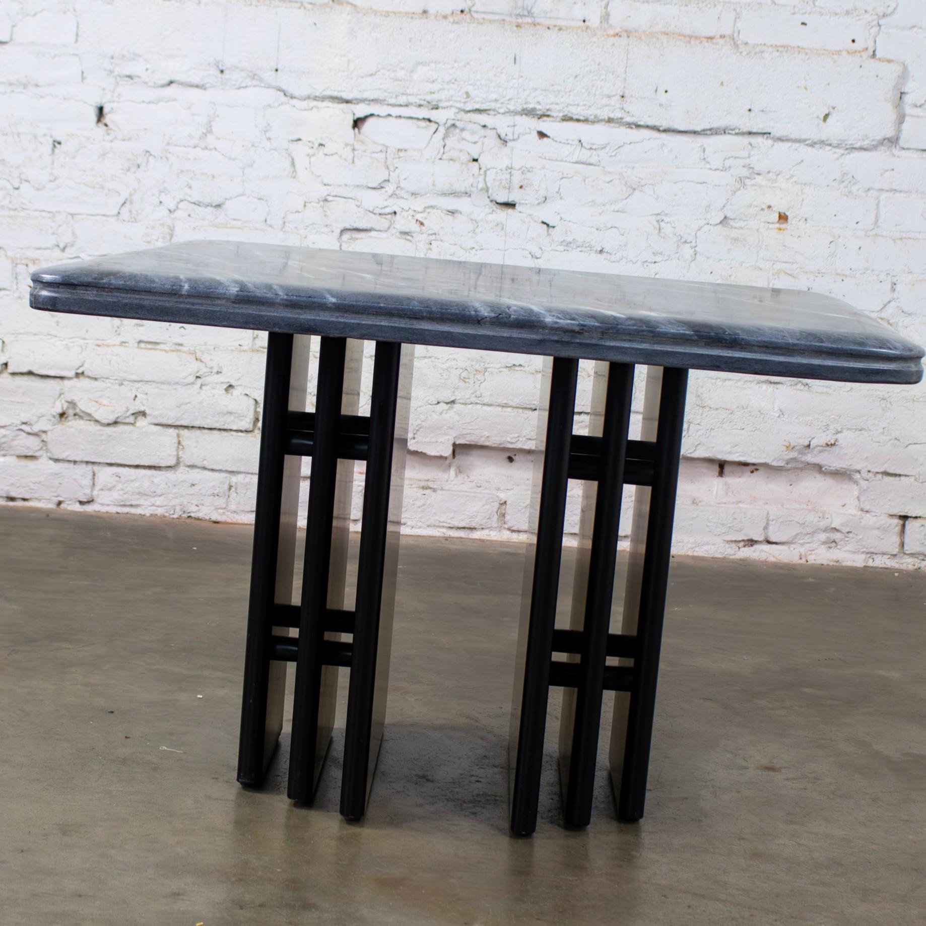 Marvelous Late 20th Century Scandinavian Modern to Postmodern end or side table comprised of a square shaped gray & black Gneiss or marble top with an eased edge & quarter round corners & black lacquered wood double pedestal base by