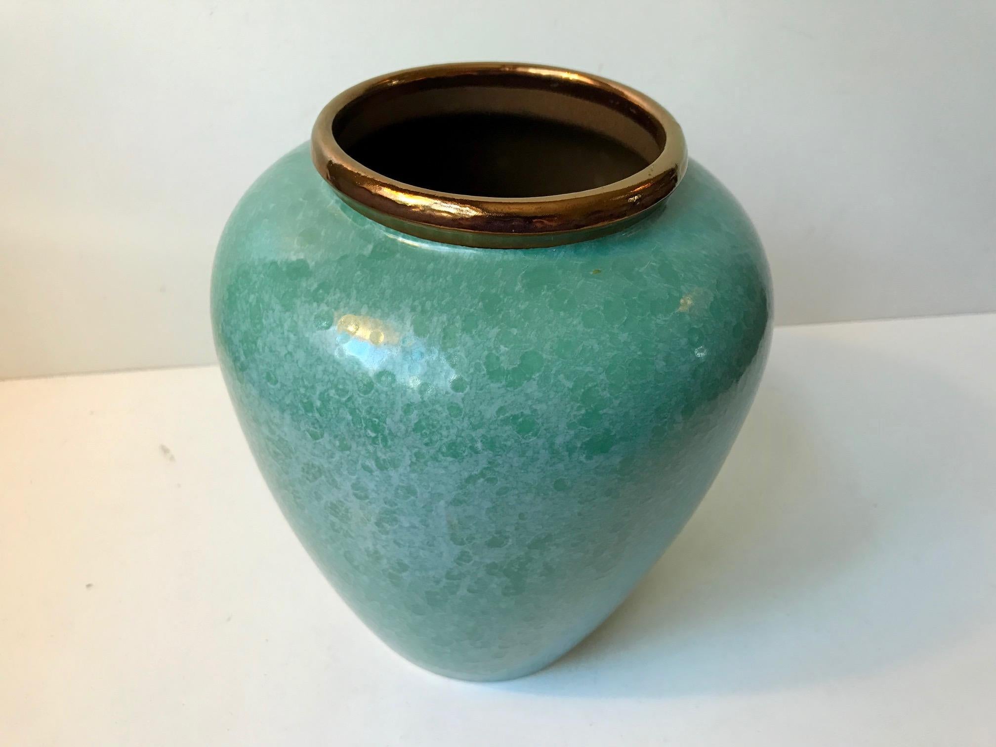 Late 20th Century Scandinavian Pottery Urn with Speckled Green Glaze, 1970s