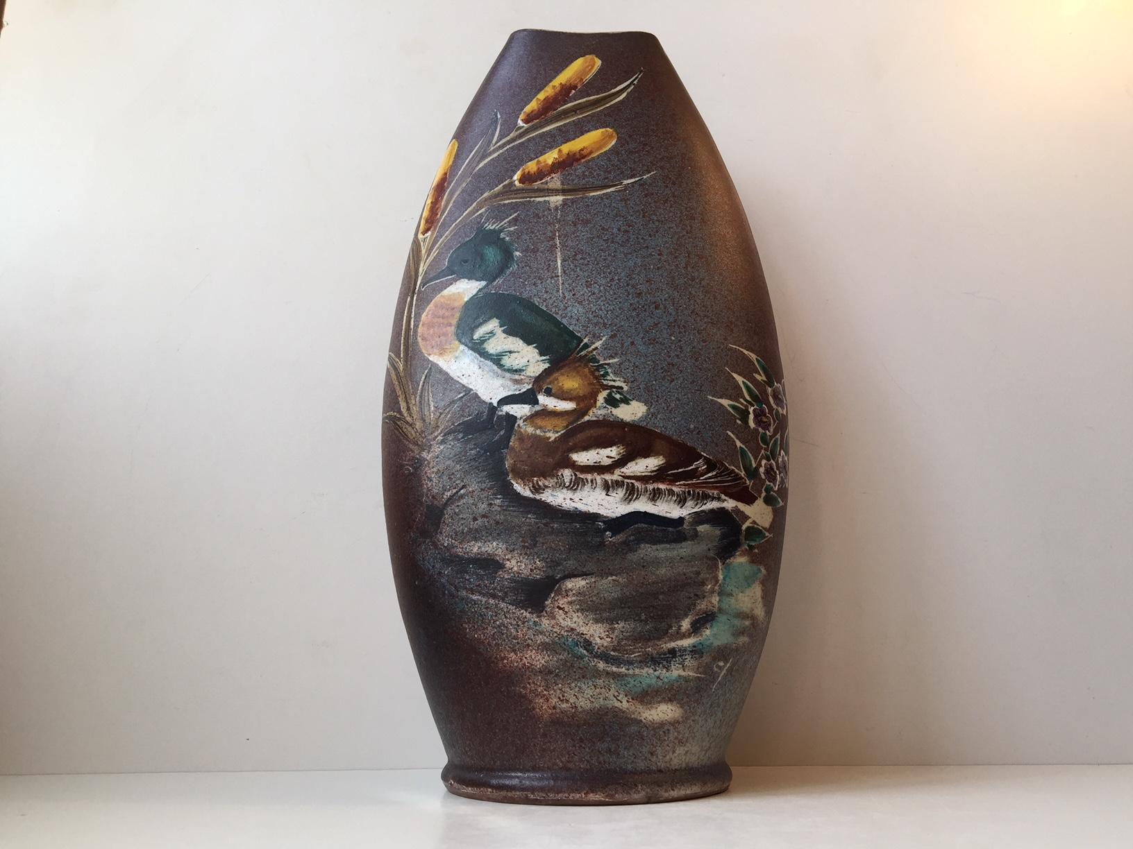 Swedish Scandinavian Pottery Vase with Ducks & Bulrush Decor by Tilgmans, Sweden For Sale