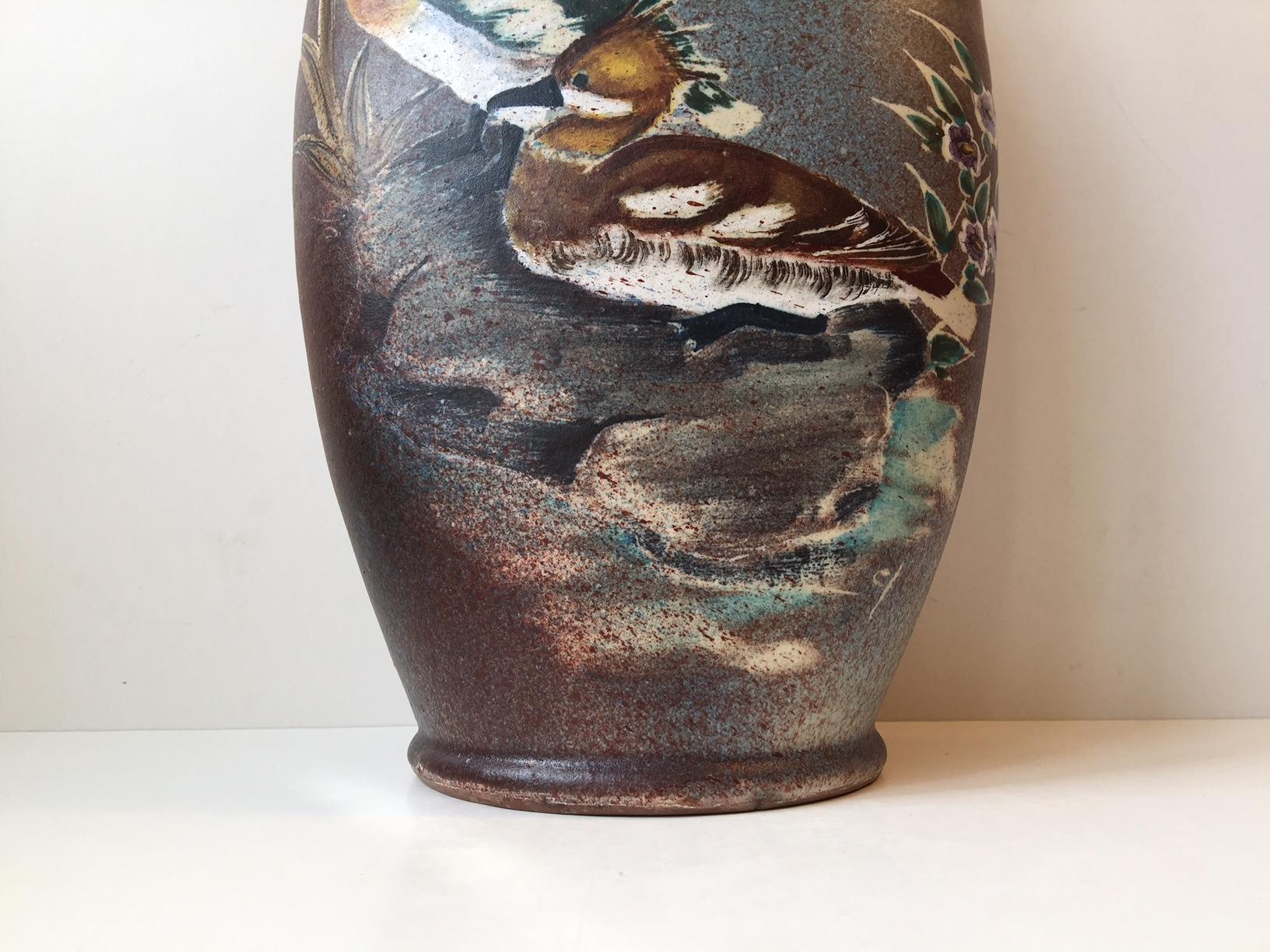 Scandinavian Pottery Vase with Ducks & Bulrush Decor by Tilgmans, Sweden In Good Condition For Sale In Esbjerg, DK