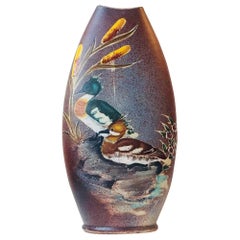 Scandinavian Pottery Vase with Ducks & Bulrush Decor by Tilgmans, Sweden