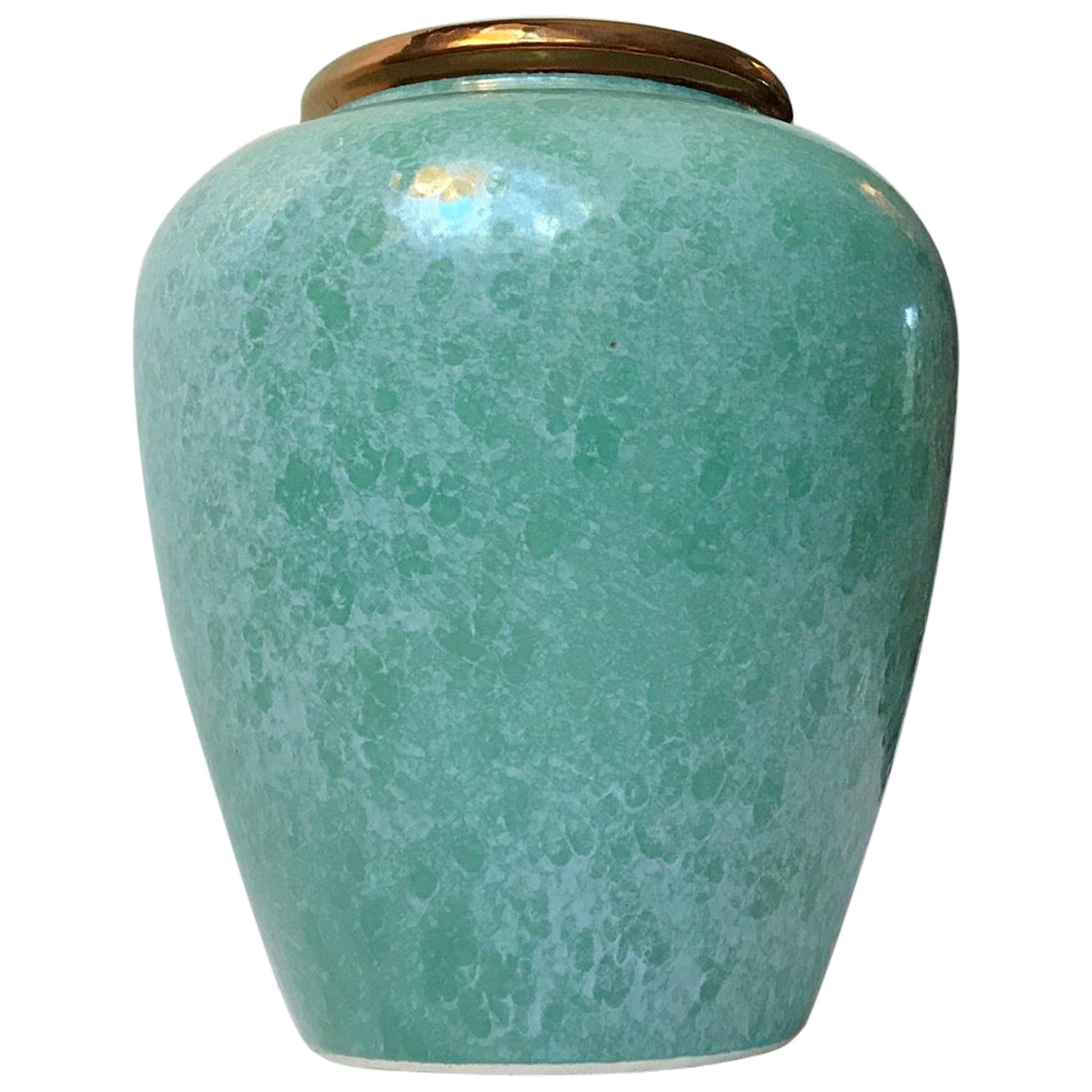 Scandinavian Pottery Vase with Speckled Green Glaze, 1970s