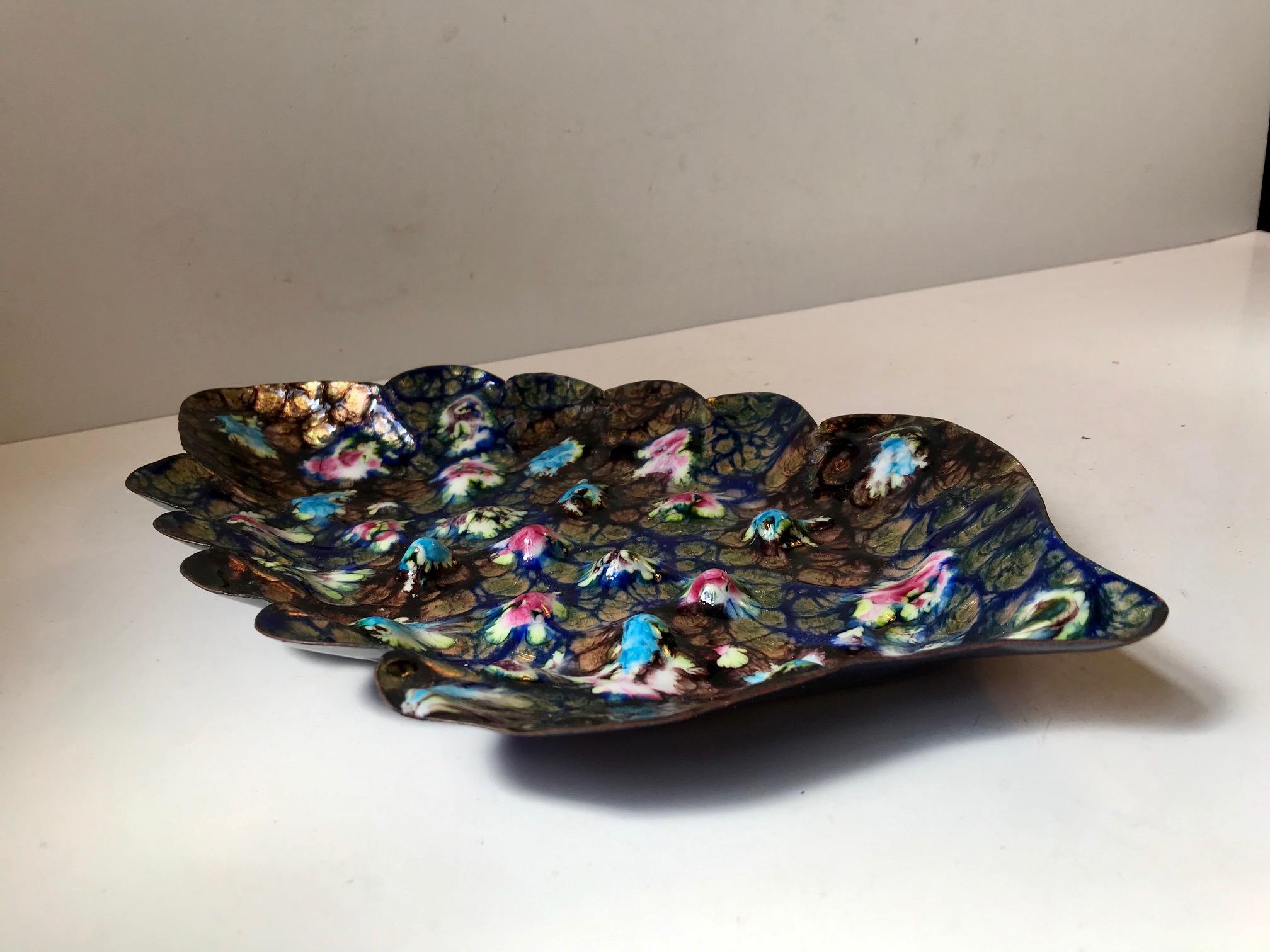 Late 20th Century Scandinavian Psychedelic Leaf Dish in Copper and Enamel, Norway, 1970s