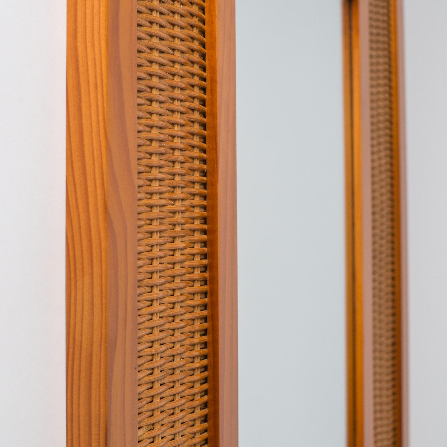 Mid-20th Century Scandinavian Rattan and Pine Mirror, 1960s For Sale