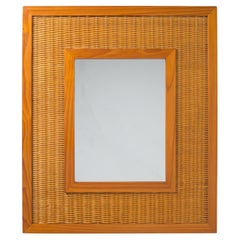 Retro Scandinavian Rattan and Pine Mirror, 1960s