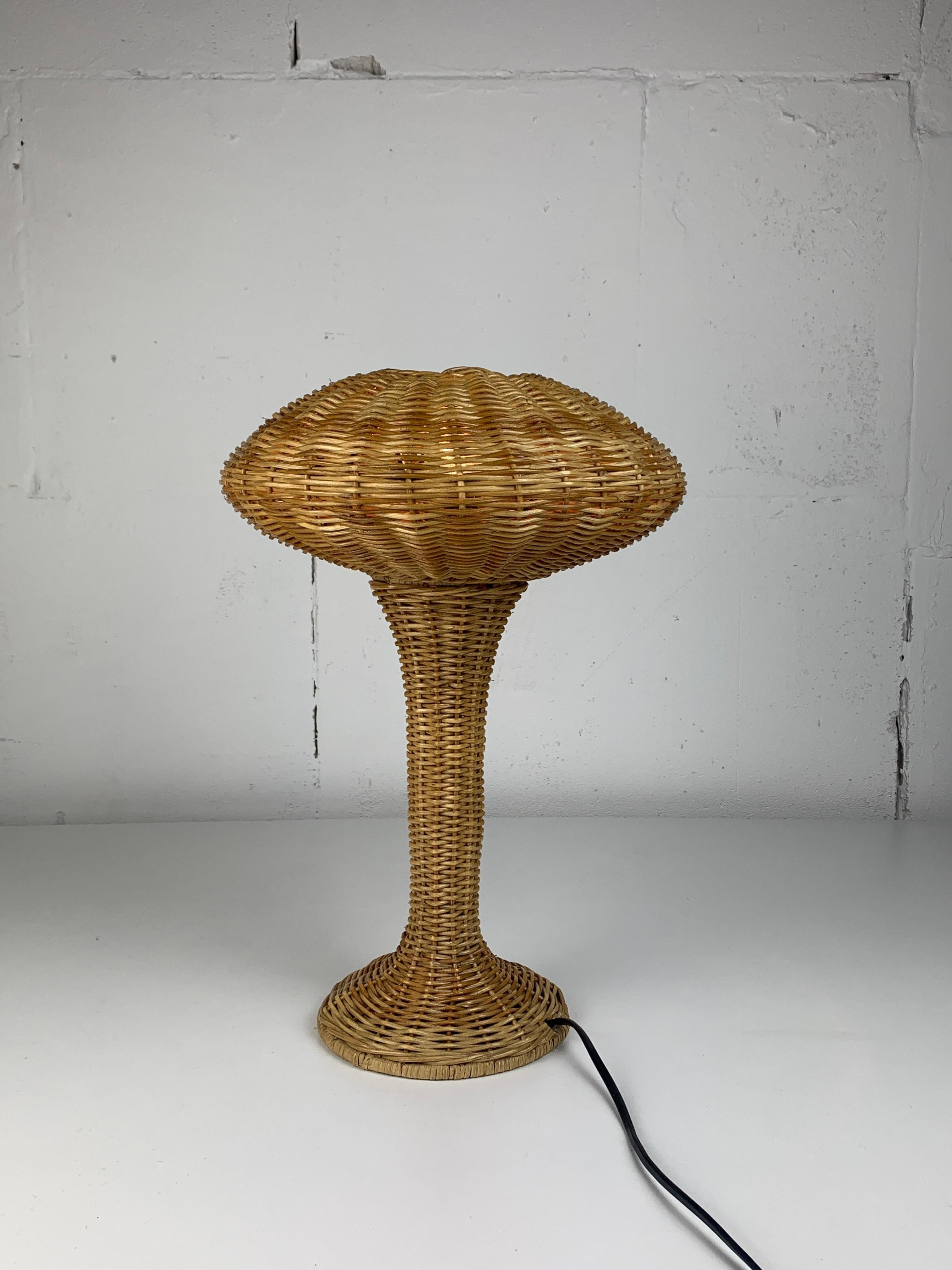 Scandinavian rattan wicker mushroom ufo table lamp, Denmark 1970s 3
