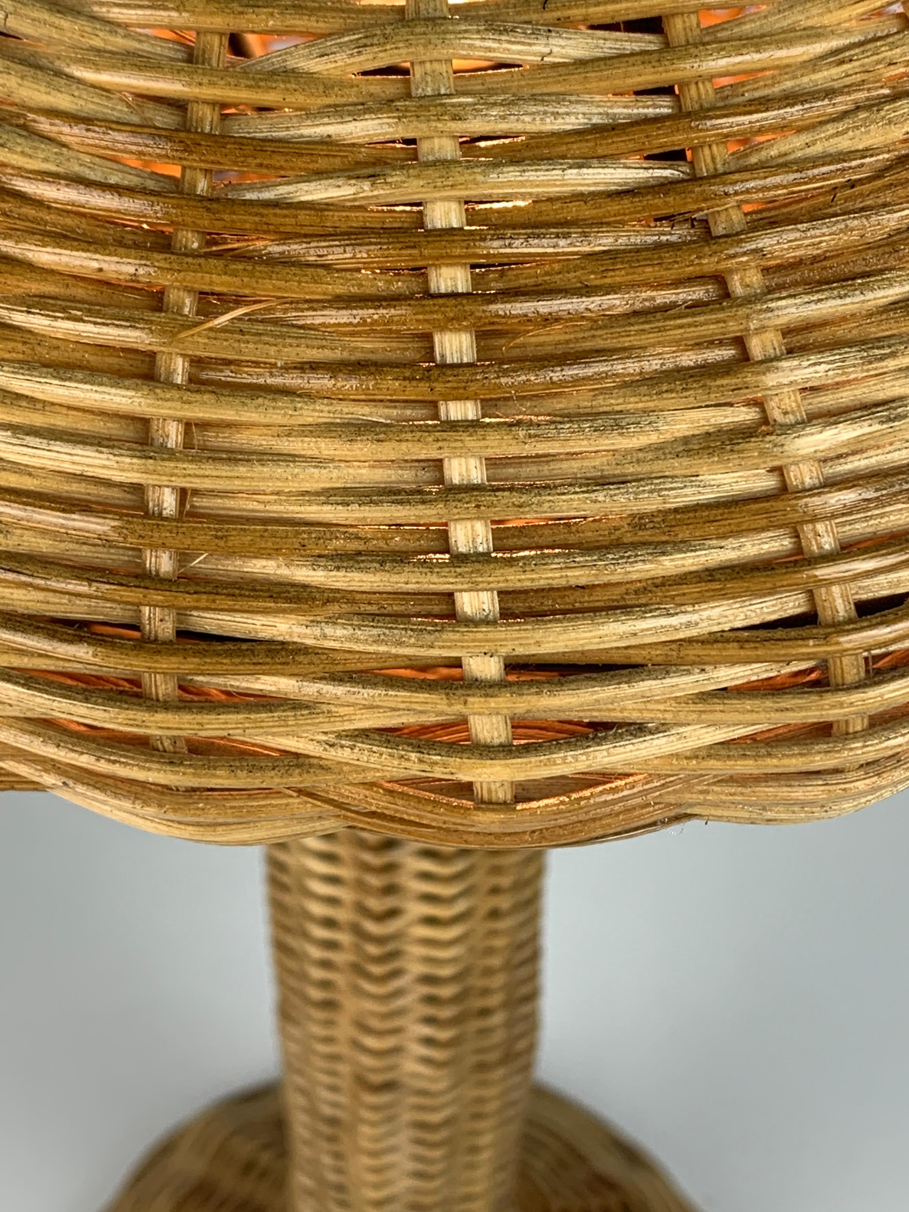 Scandinavian rattan wicker mushroom ufo table lamp, Denmark 1970s 5