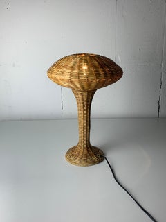Scandinavian rattan wicker mushroom ufo table lamp, Denmark 1970s