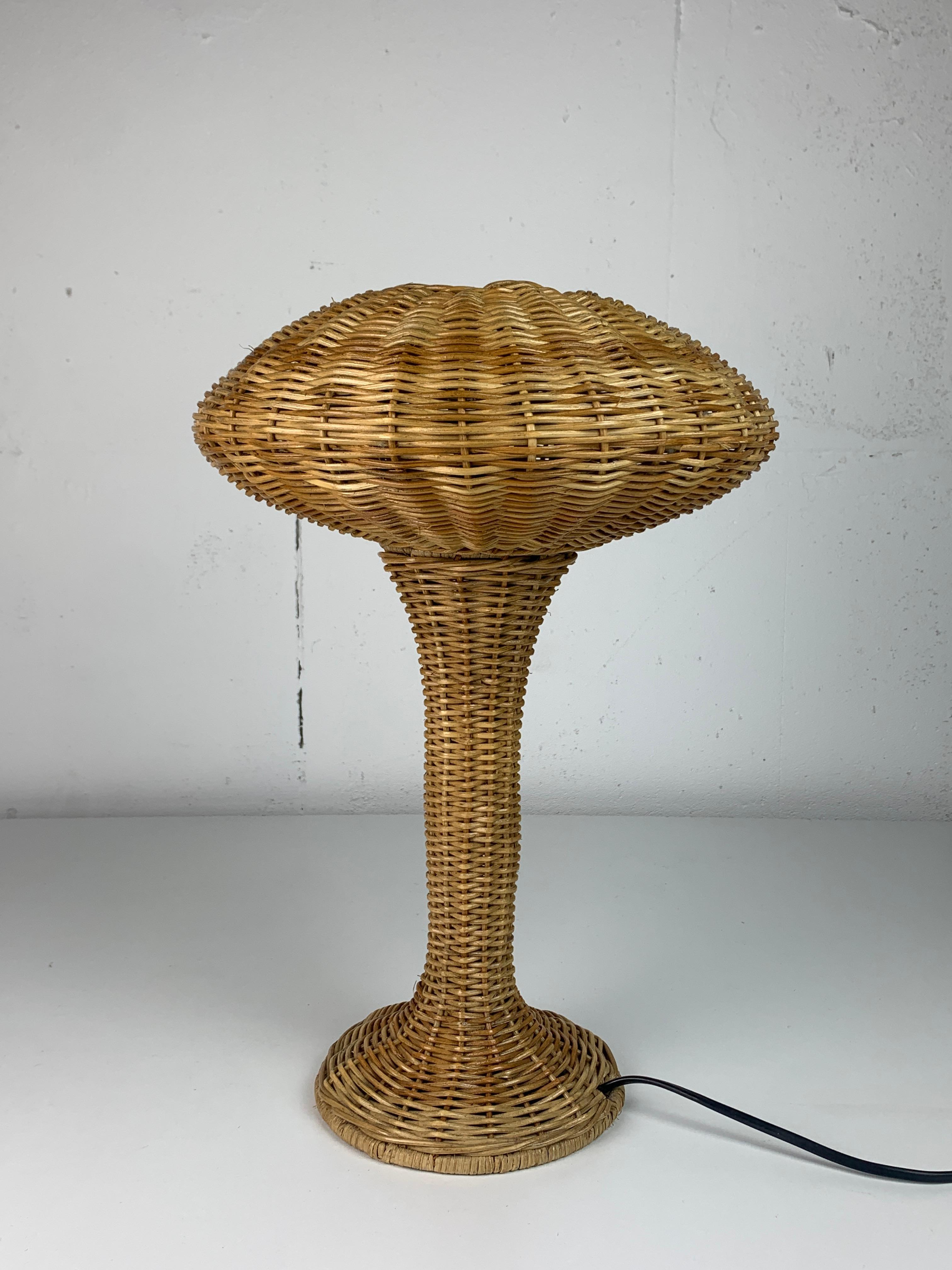 Mid-Century Modern Scandinavian rattan wicker mushroom ufo table lamp, Denmark 1970s