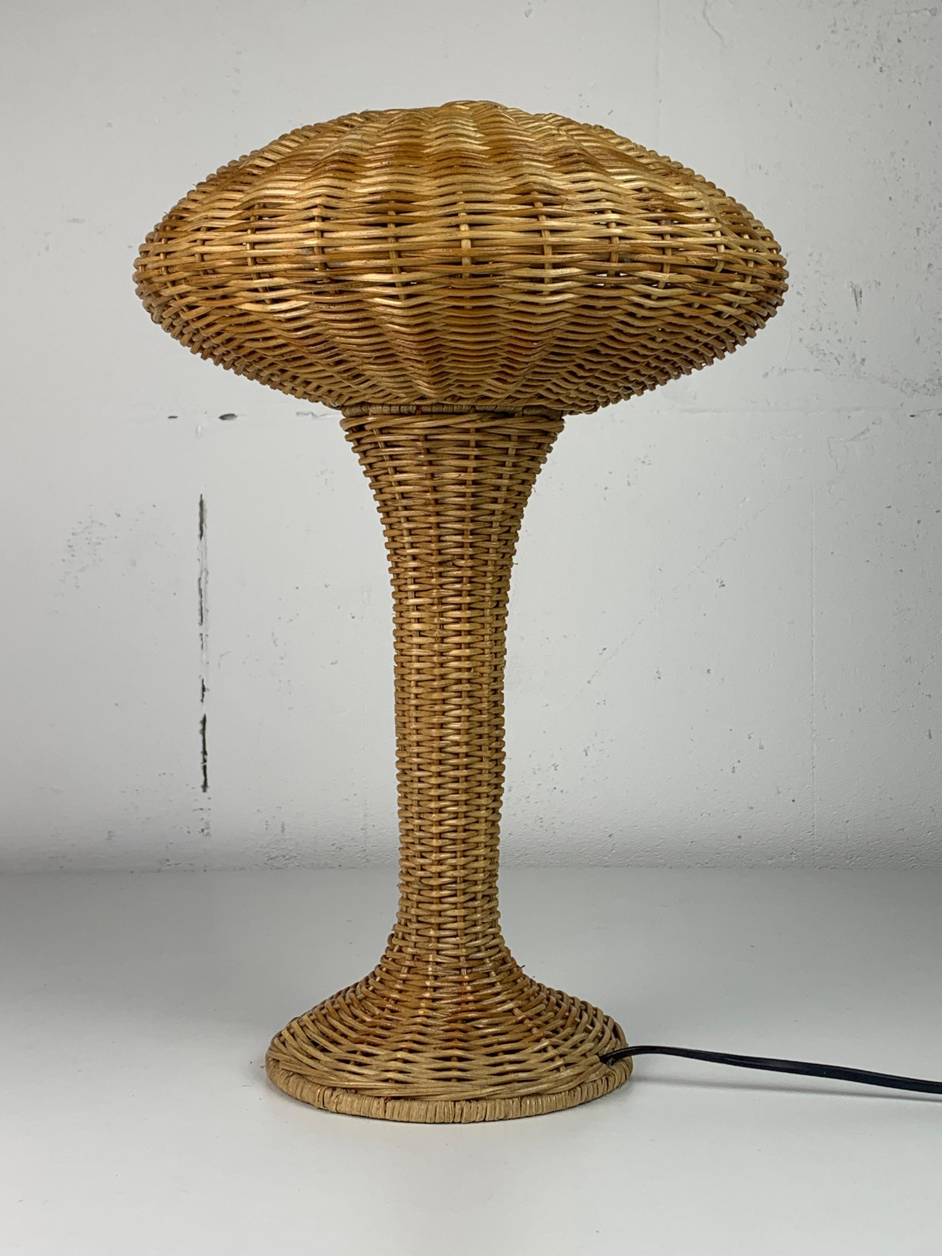 Danish Scandinavian rattan wicker mushroom ufo table lamp, Denmark 1970s