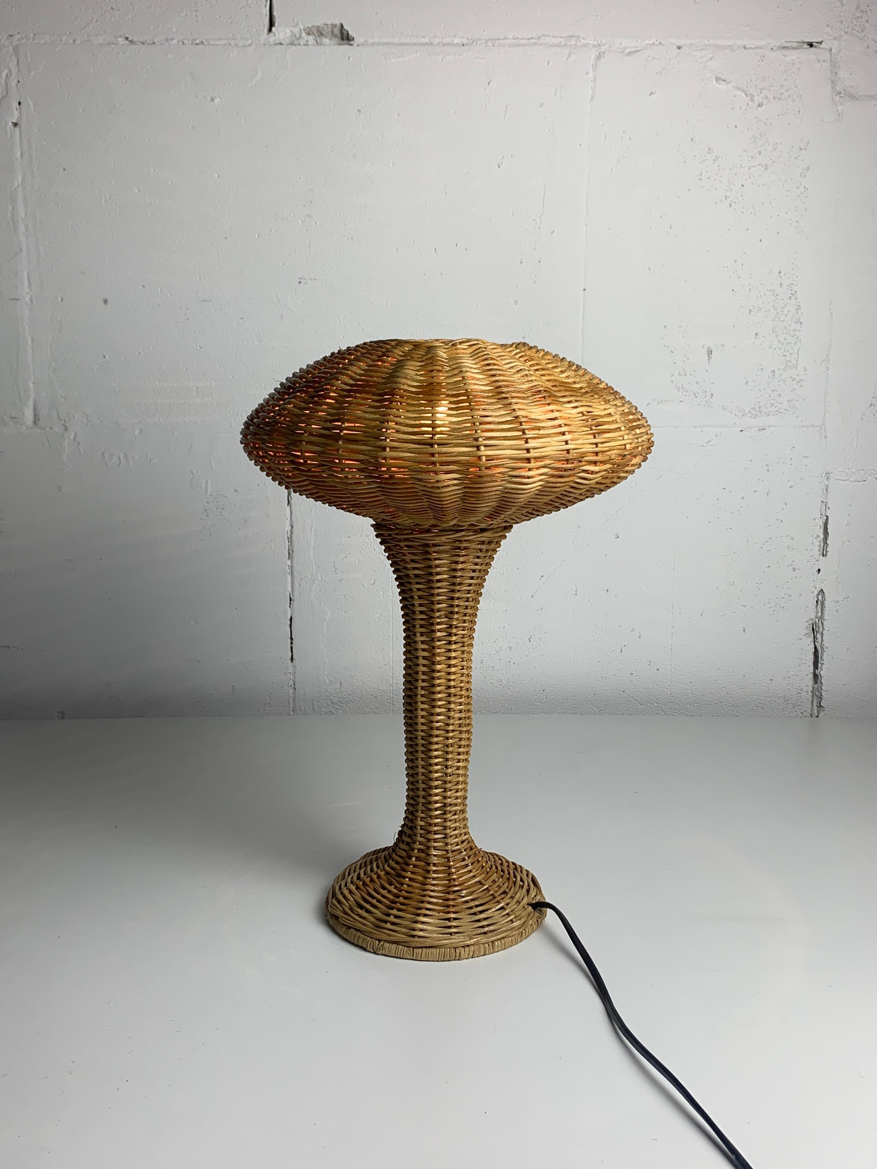 Late 20th Century Scandinavian rattan wicker mushroom ufo table lamp, Denmark 1970s