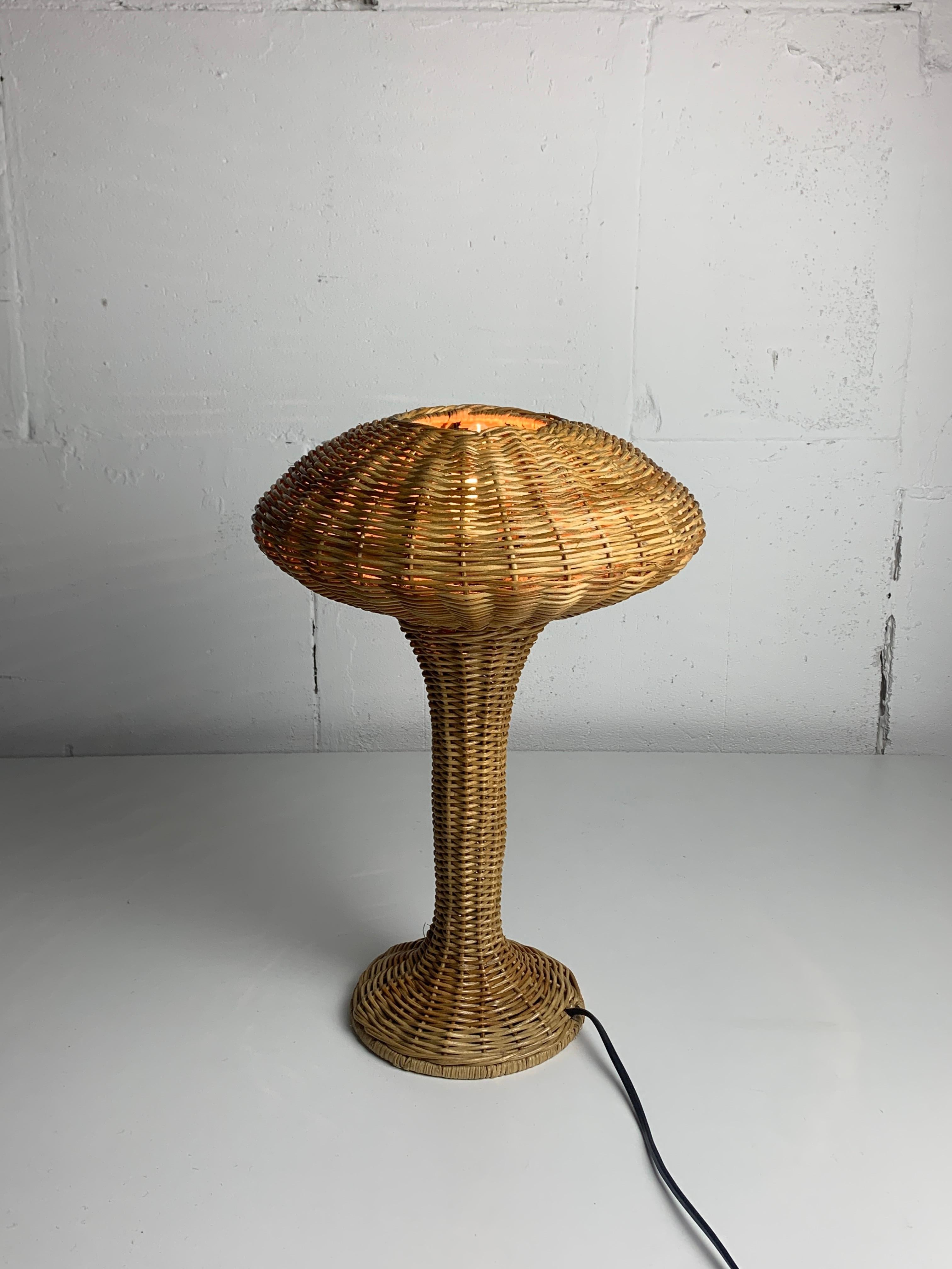 Wicker Scandinavian rattan wicker mushroom ufo table lamp, Denmark 1970s