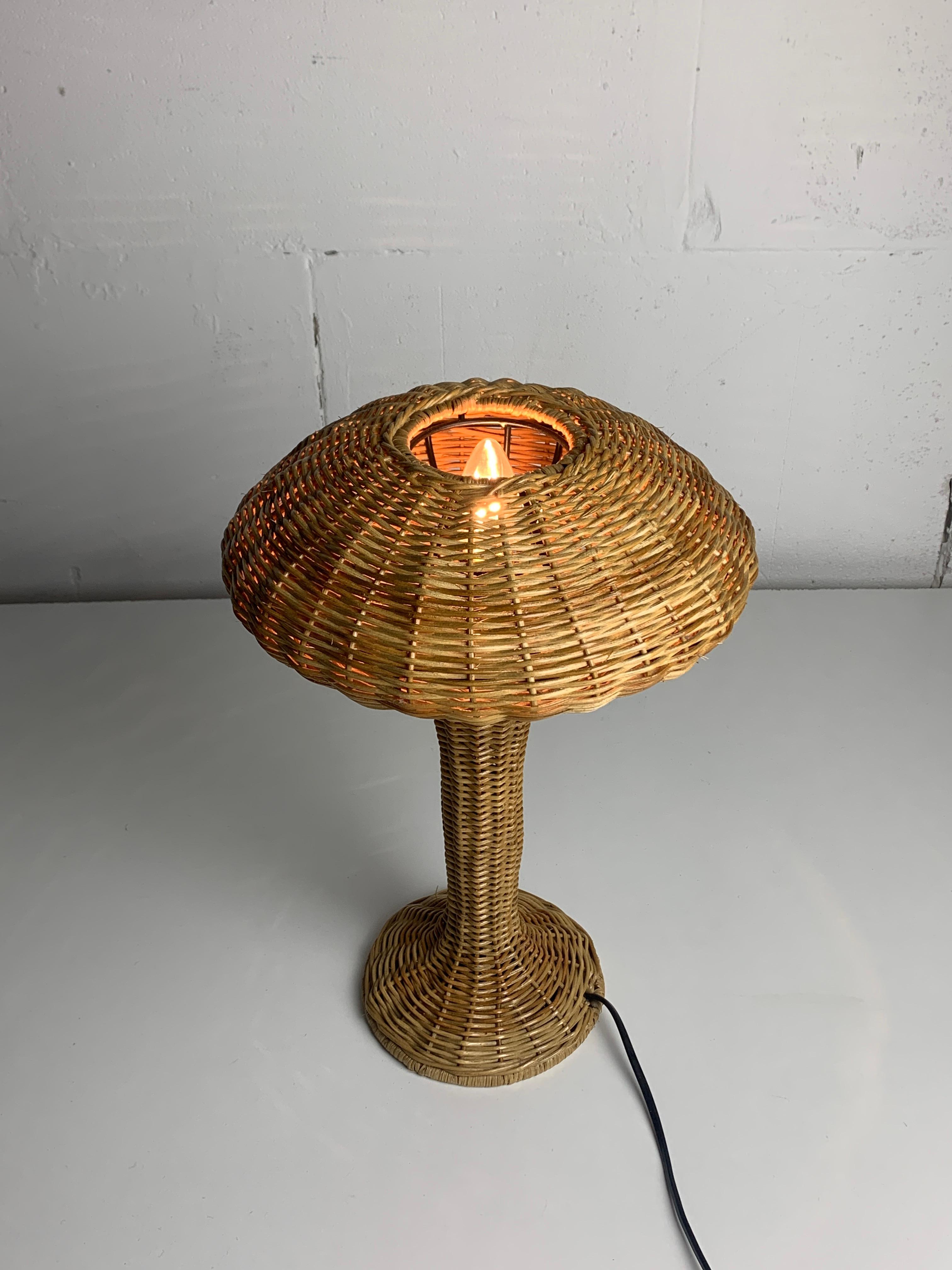 Scandinavian rattan wicker mushroom ufo table lamp, Denmark 1970s 1
