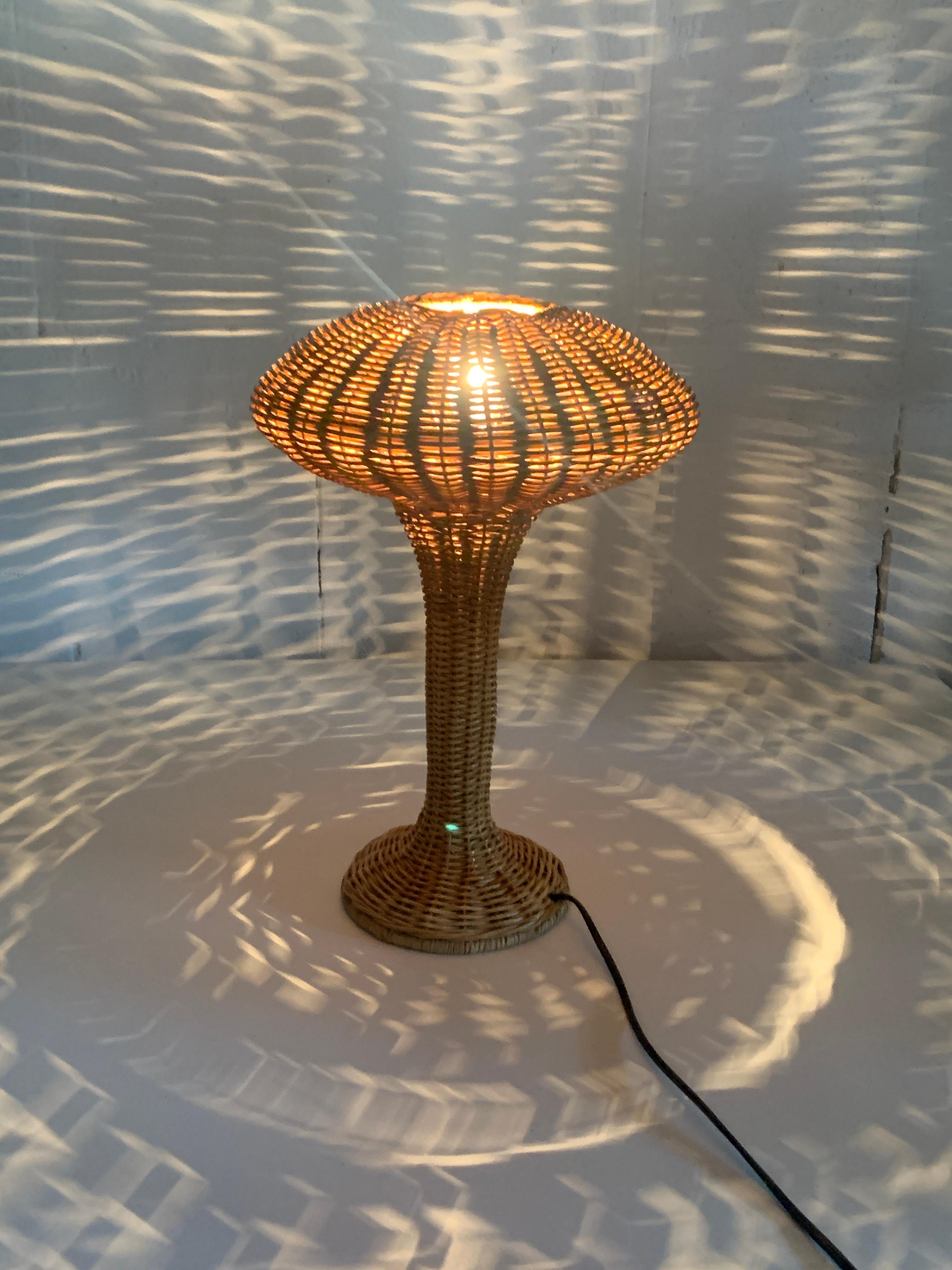 Scandinavian rattan wicker mushroom ufo table lamp, Denmark 1970s 2