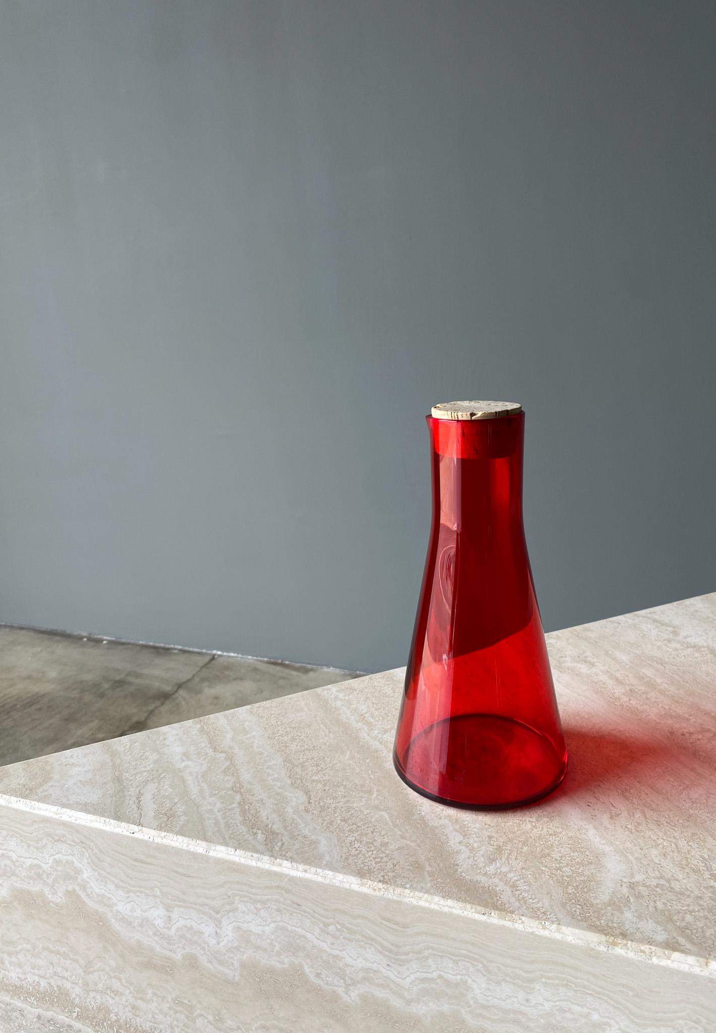Danish Scandinavian Red Art Glass Pitcher With Cork Lid