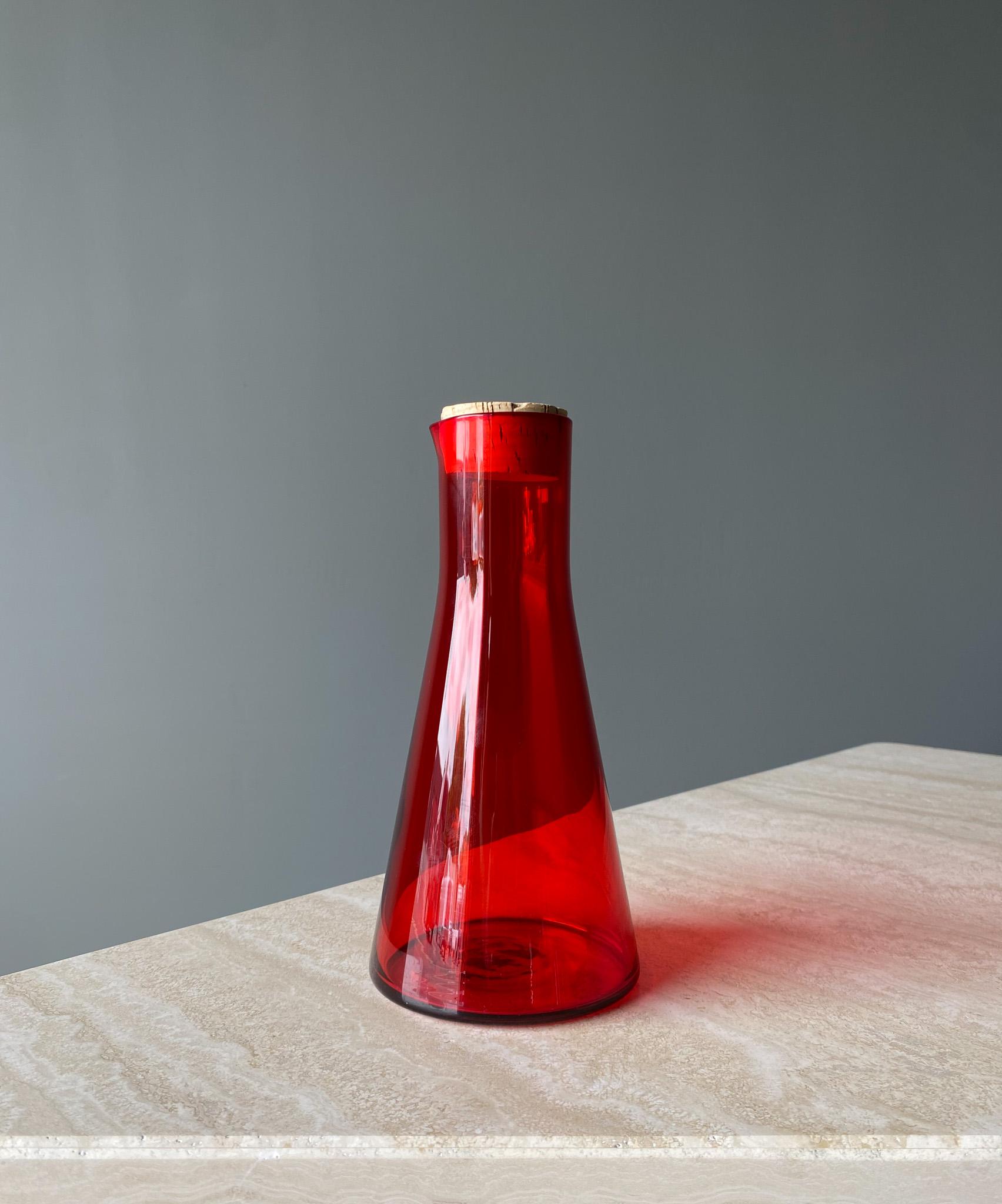 Mid-20th Century Scandinavian Red Art Glass Pitcher With Cork Lid