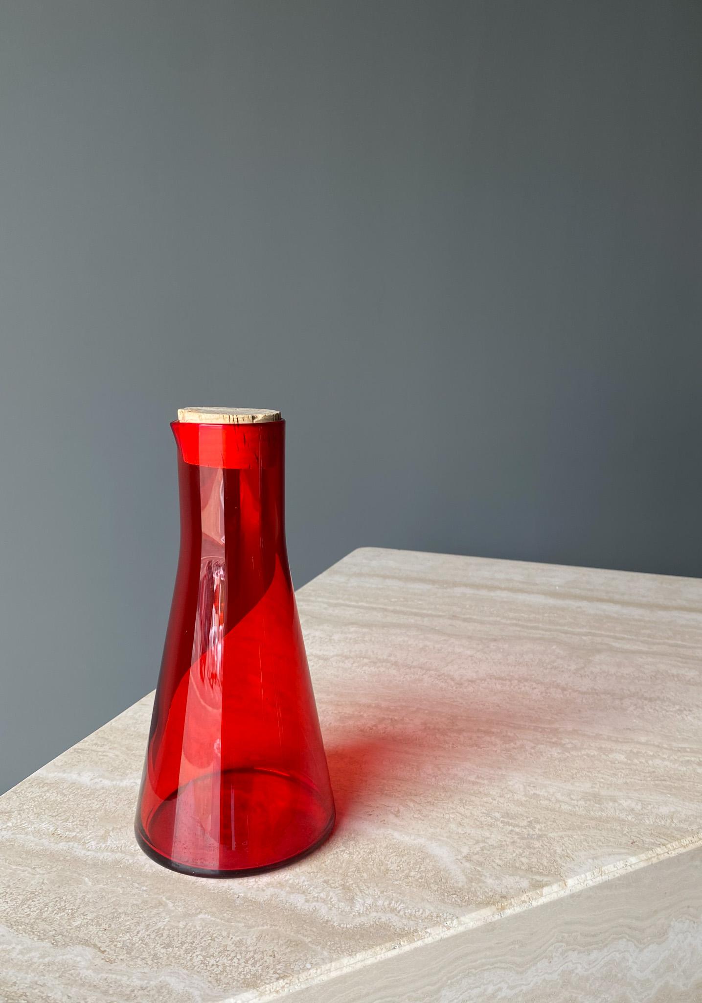 Scandinavian Red Art Glass Pitcher With Cork Lid 1