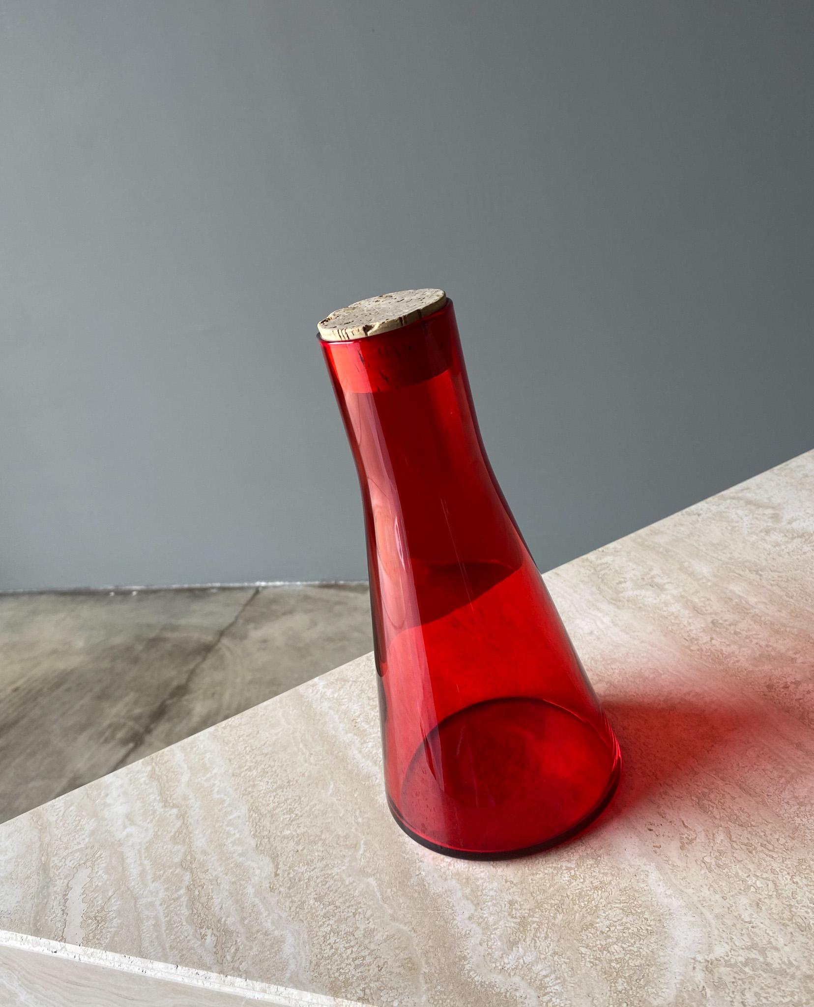 Scandinavian Red Art Glass Pitcher With Cork Lid 3