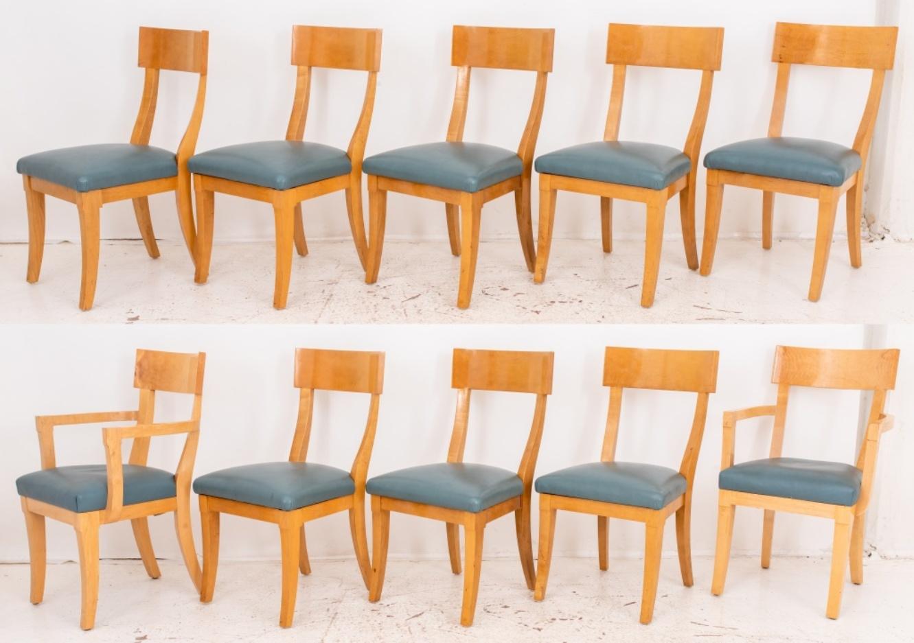 Scandinavian Neoclassical Revival dining chairs, set of ten (10), comprising two (2) arm chairs and eight (8) side chairs, in birch and of modified Klismos form with curving single back panel above shaped seats upholstered in Wedgwood blue leather,
