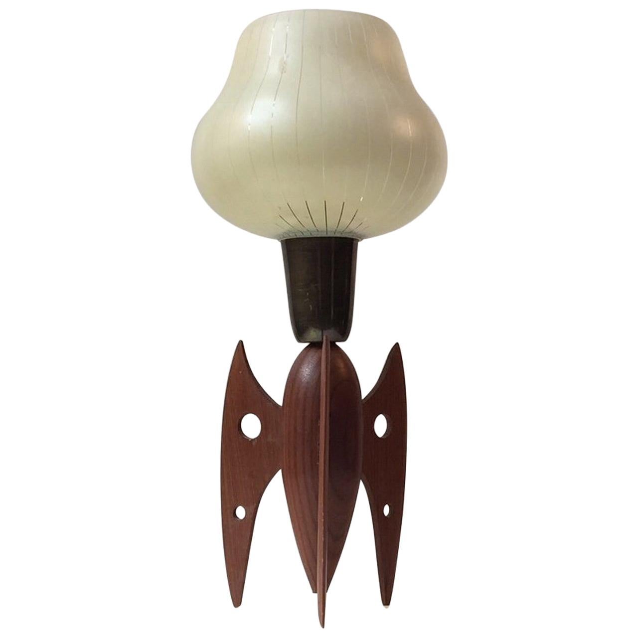 Scandinavian Rocket Shaped Table Lamp in Teak and Pin-Stripe Glass For Sale