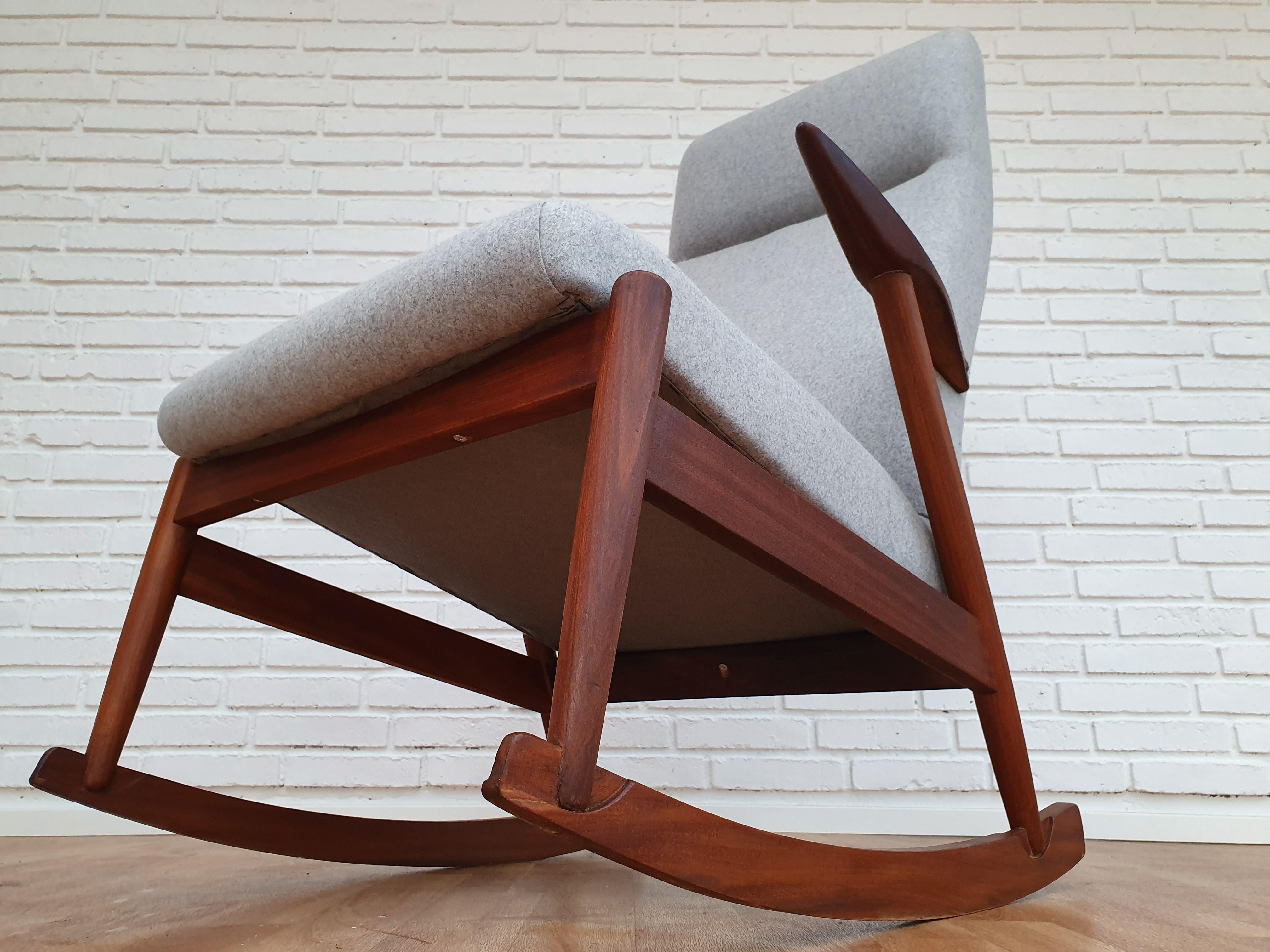 Wool Scandinavian Rocking Chair, Teak Wood, 1960s, Completely Renovated For Sale