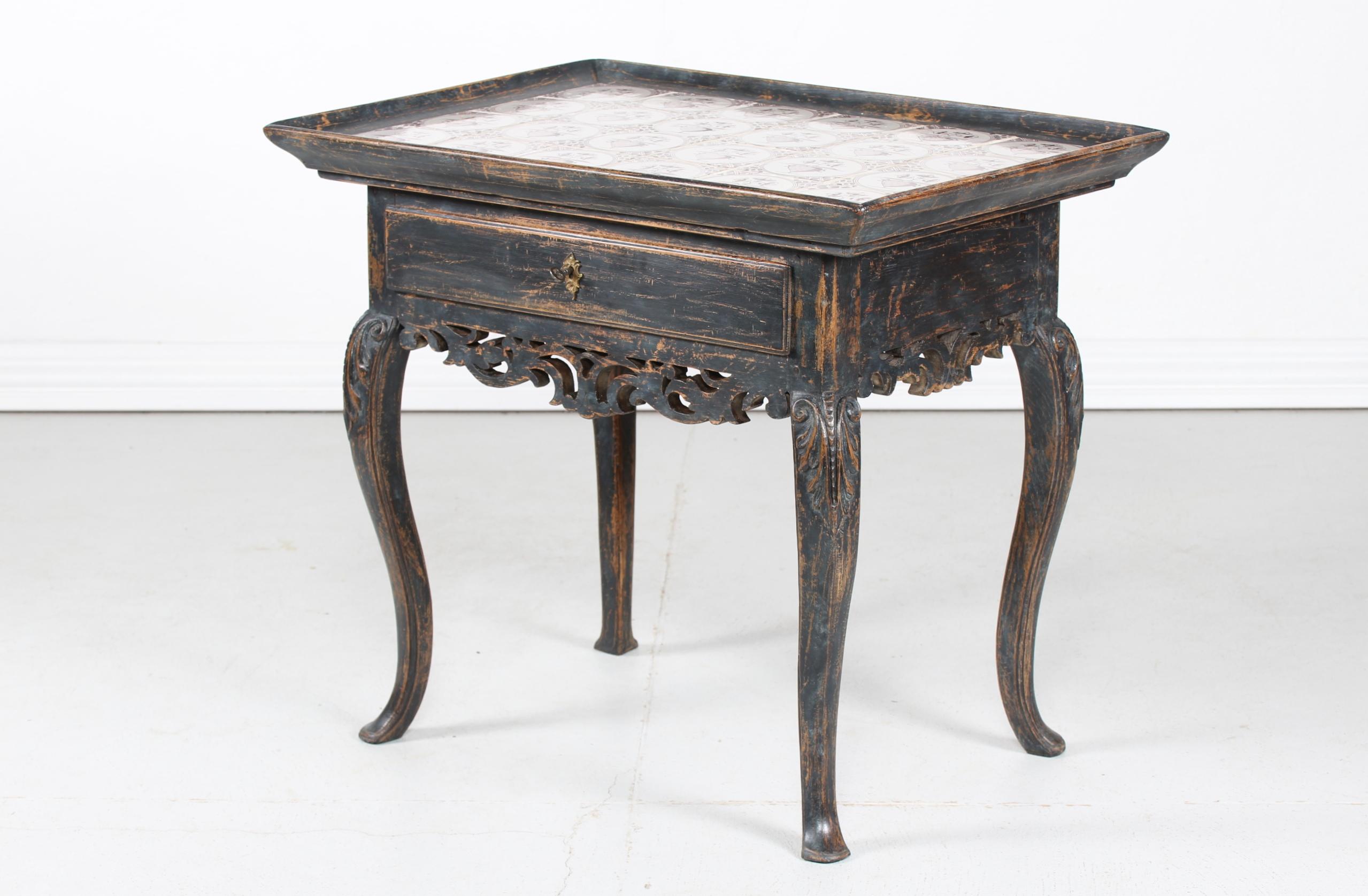Carved Scandinavian Rococo Table from the 19th Century with Dutch Handpainted Tiles