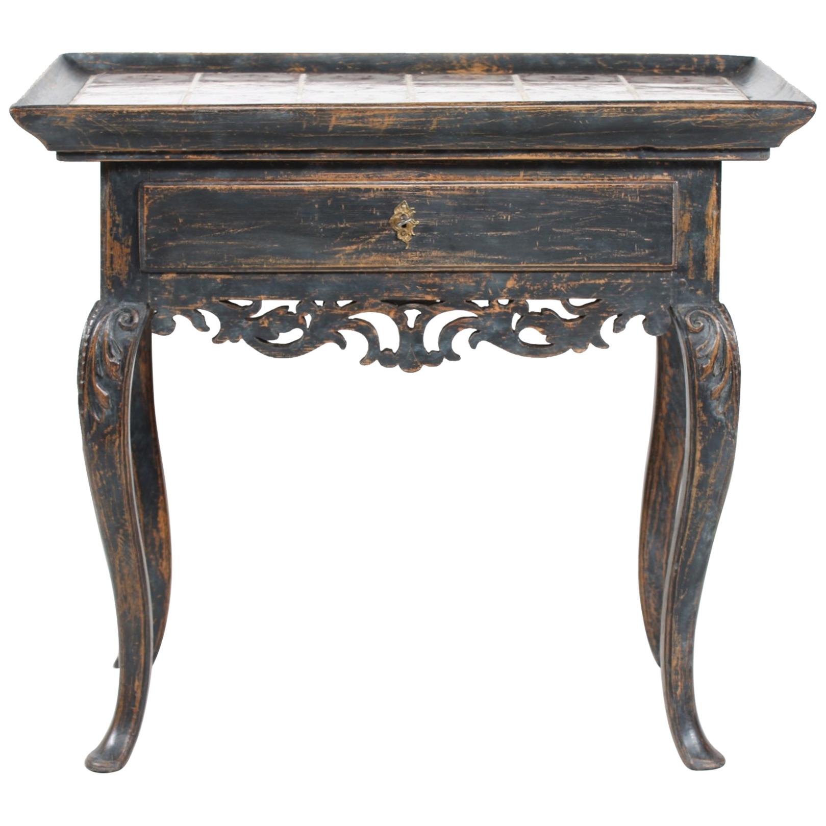 Scandinavian Rococo Table from the 19th Century with Dutch Handpainted Tiles