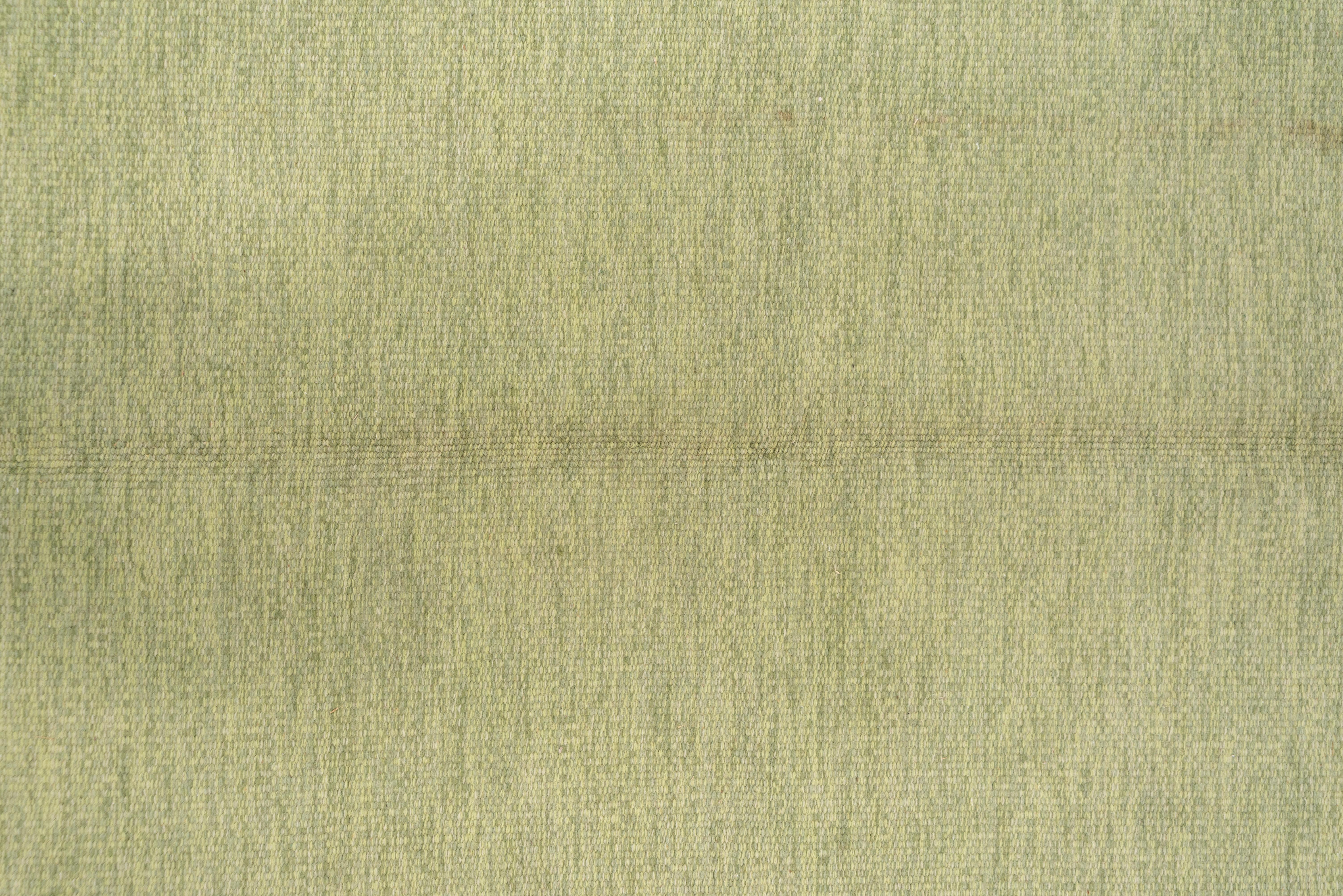 Hand-Woven Scandinavian Rollaken Flatweave Rug, Light Green Open Field, Circa 1950s