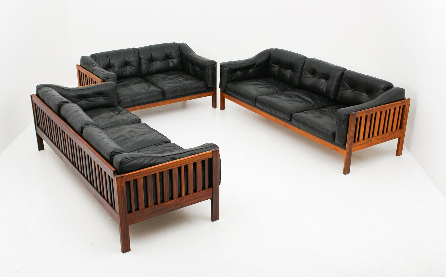 Scandinavian Rosewood and Black Leather Seating Group 