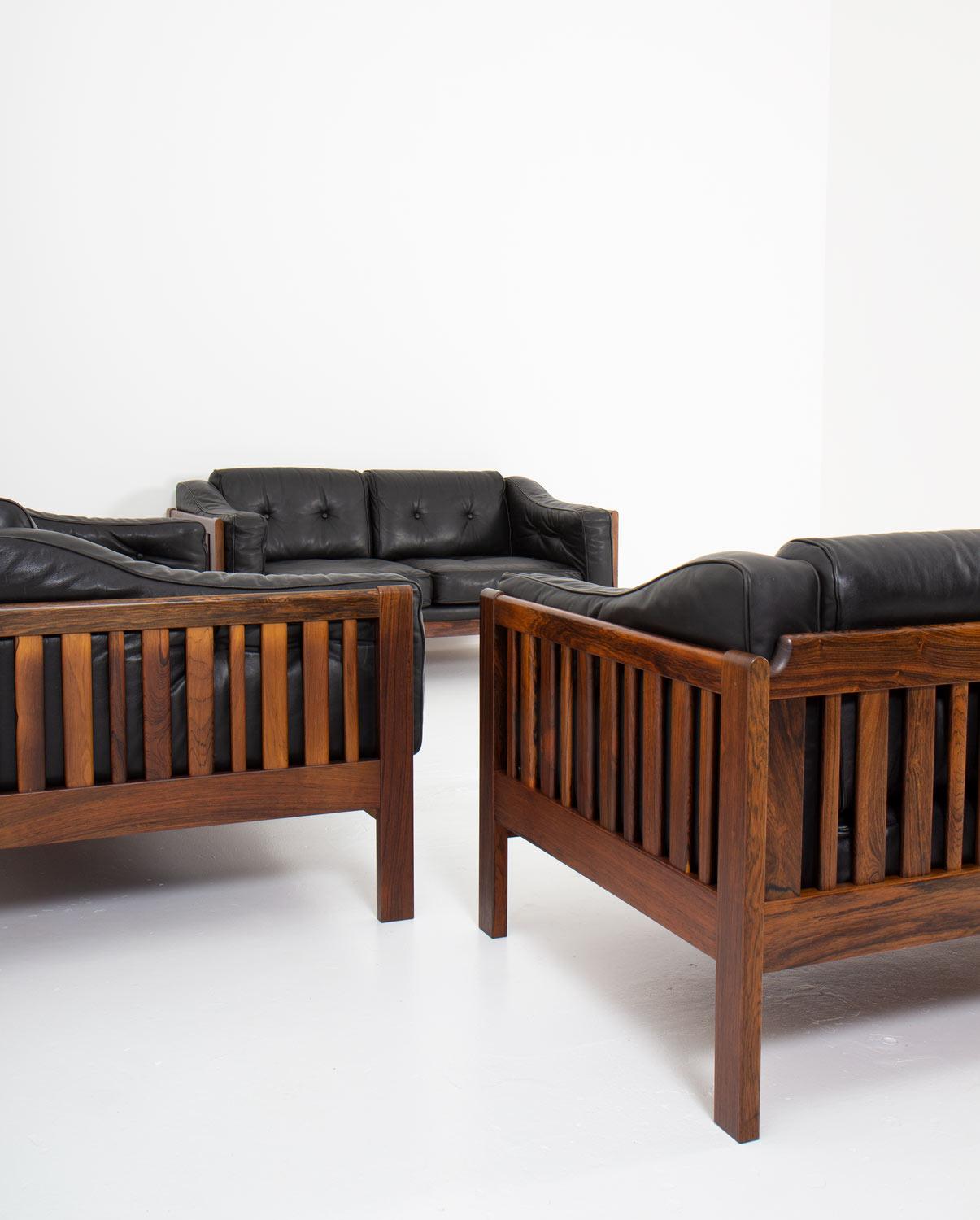Scandinavian Modern Scandinavian Rosewood and Black Leather Seating Group 