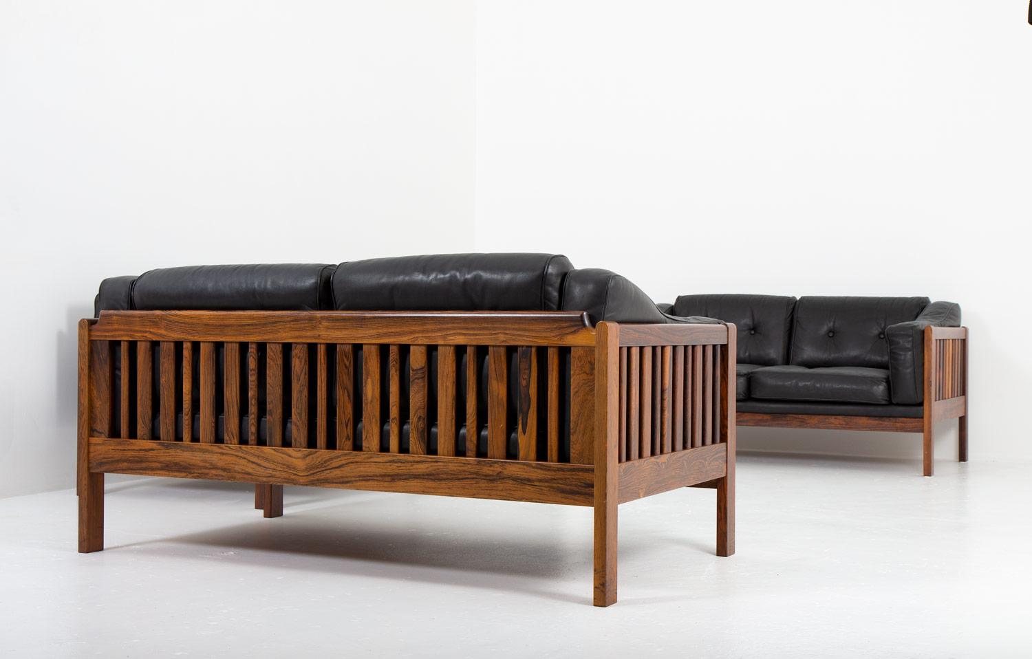 Swedish Scandinavian Rosewood and Black Leather Seating Group 