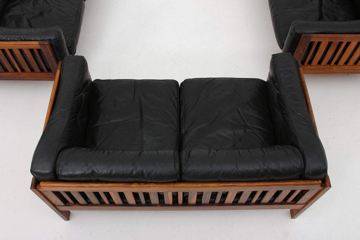 Scandinavian Rosewood and Black Leather Seating Group 