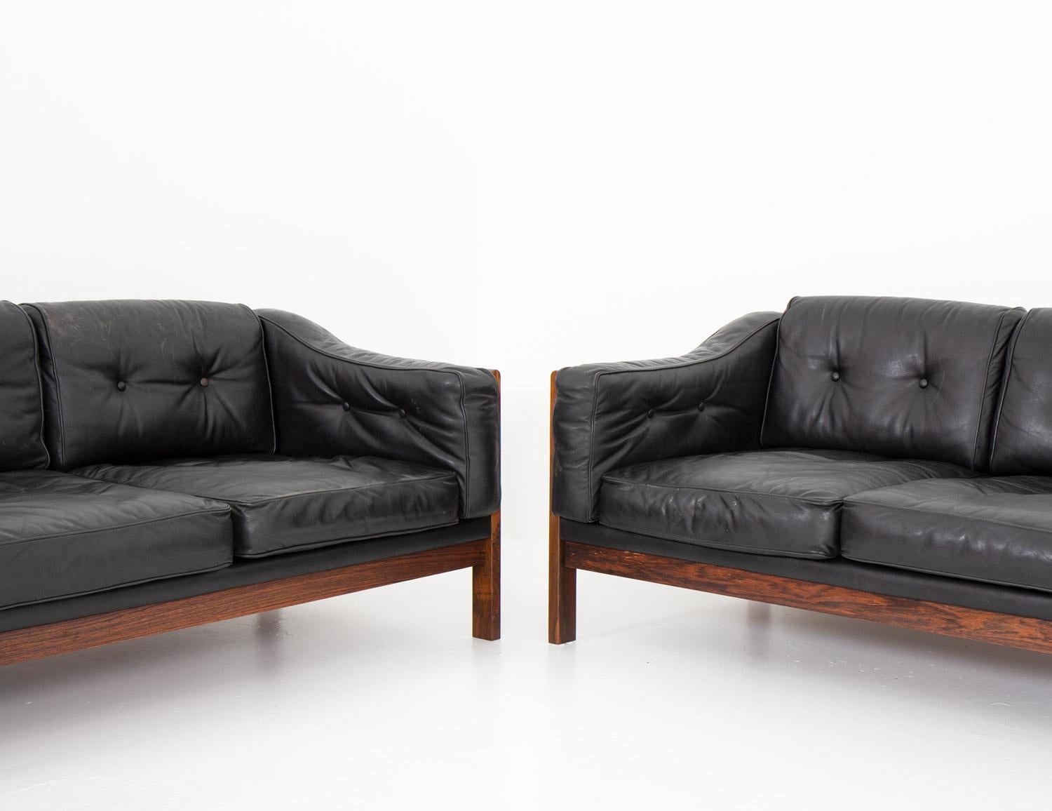20th Century Scandinavian Rosewood and Black Leather Seating Group 