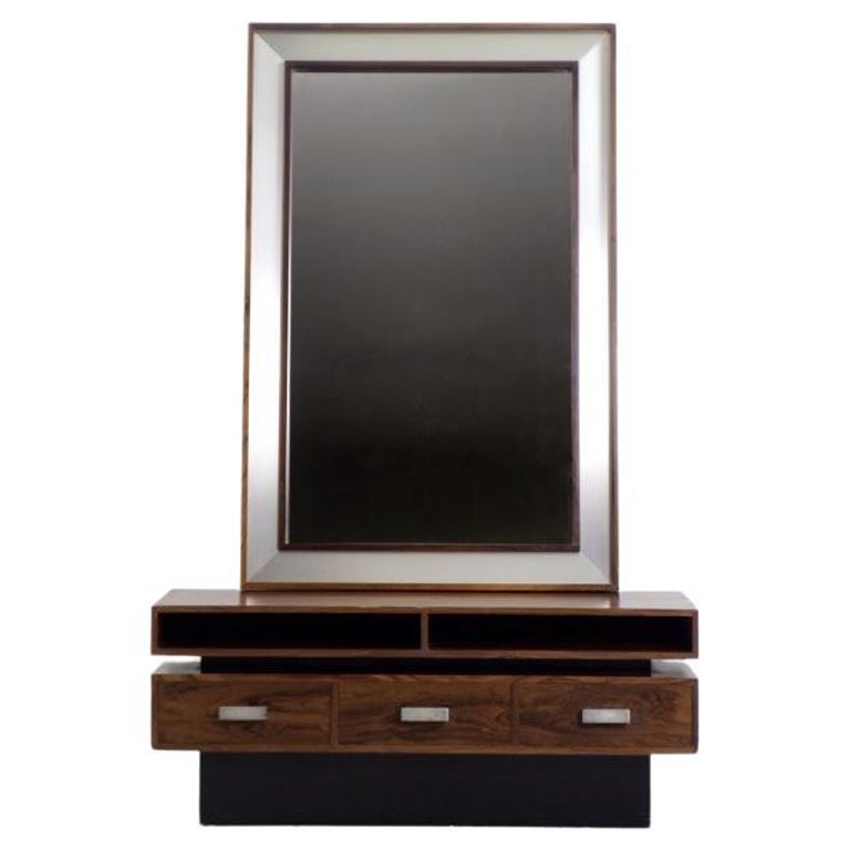 Vintage Scandinavian Modern Dark Wood Dressing Table with Oblong Mirror