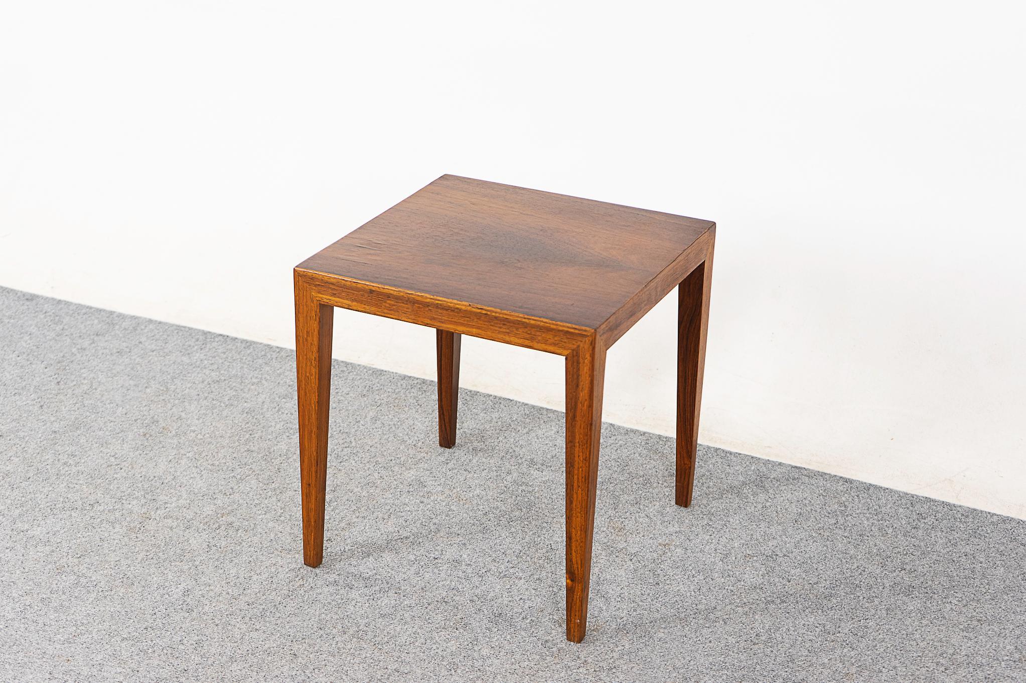 Rosewood mid-century side table by Severin Hansen for Haslev, circa 1960's. Slick corner joinery detailing, beautiful grain pattern up top, sleek timeless lines! 

Unrestored item, some marks consistent with age.

Please inquire international and