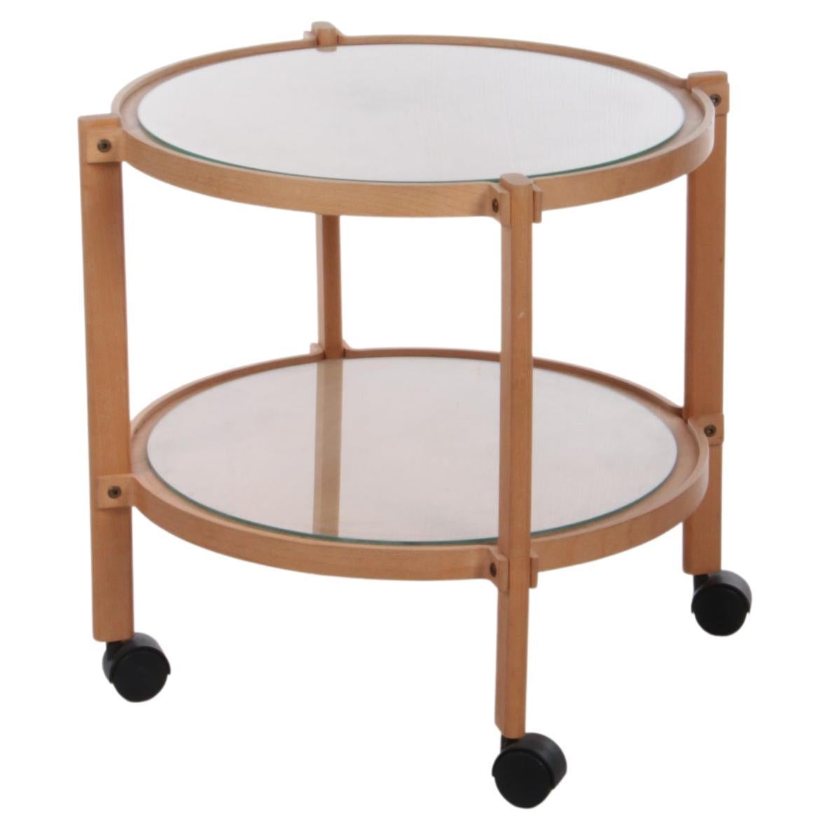 Scandinavian Round wooden trolley with glass plates and wheels 1970