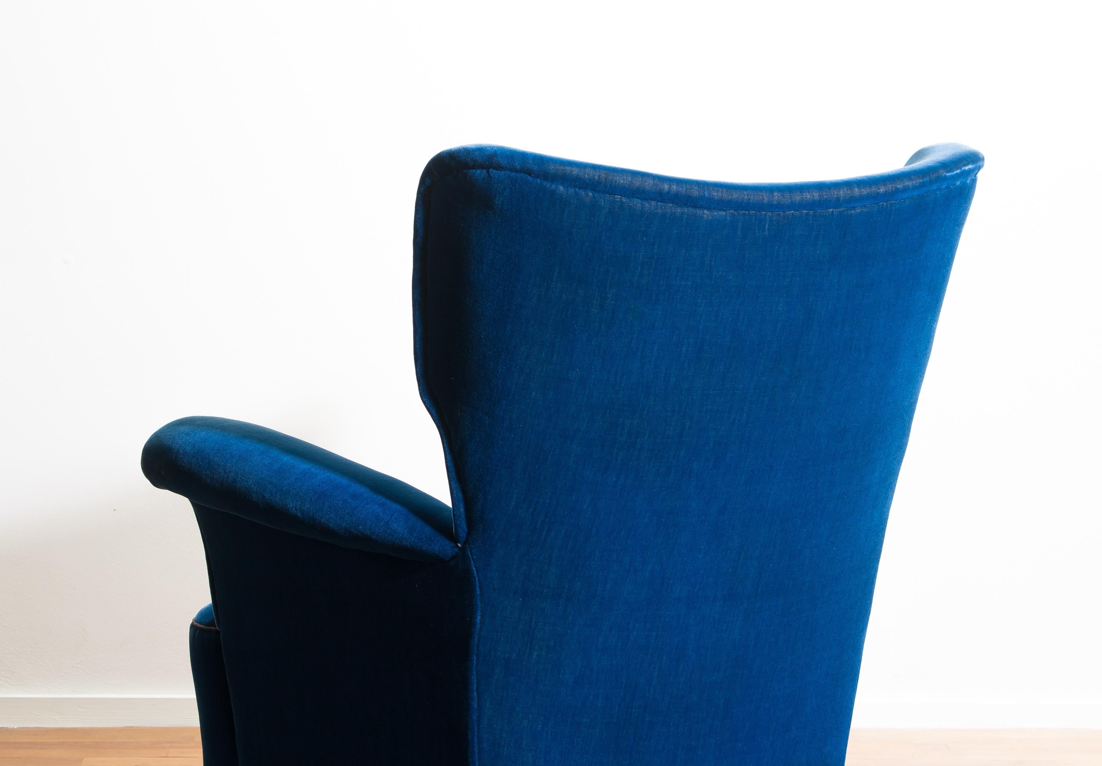 Scandinavian Royal Blue Velvet Wingback Chair, 1930-1940 6