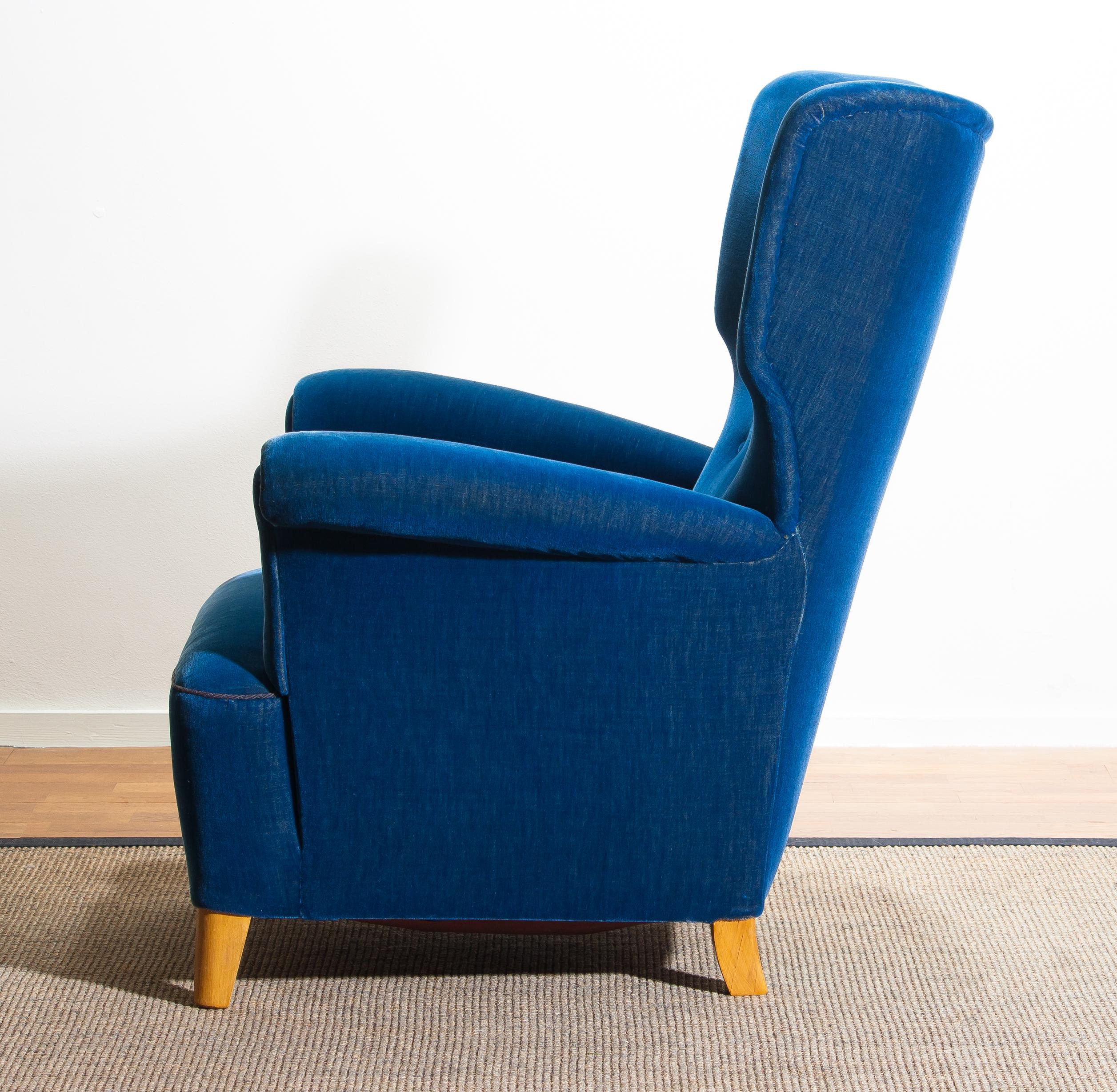 Scandinavian Royal Blue Velvet Wingback Chair, 1930-1940 5