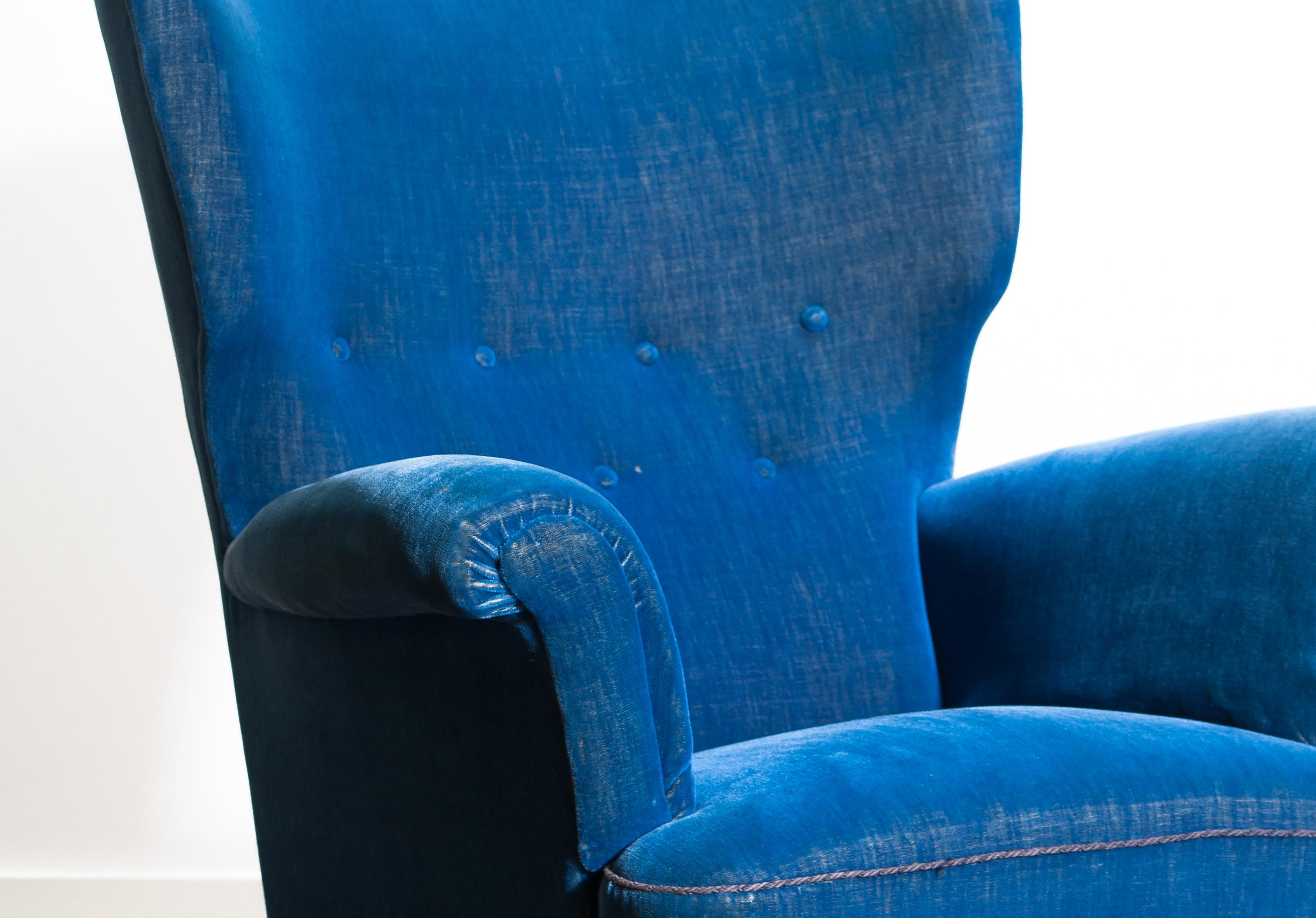 Art Nouveau Scandinavian Royal Blue Velvet Wingback Chair, 1930-1940