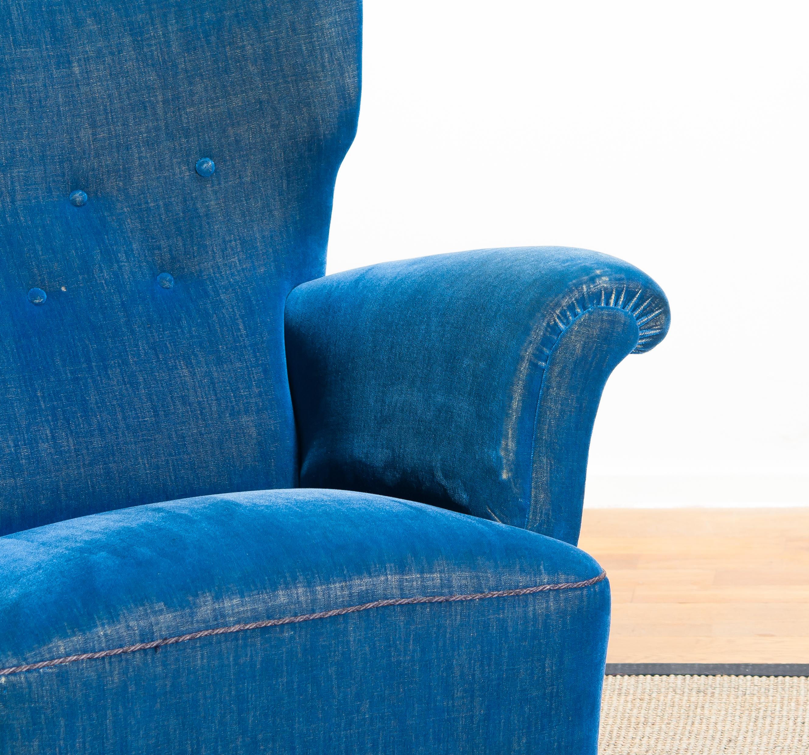 Swedish Scandinavian Royal Blue Velvet Wingback Chair, 1930-1940