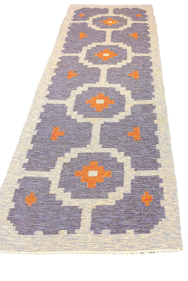 Scandinavian Rollakan Rug  Nordic Geometric Runner
This elegant Scandinavian Rollakan runner features a striking geometric pattern woven in a harmonious palette of denim blue, soft beige, and warm terracotta orange. The design is structured around a